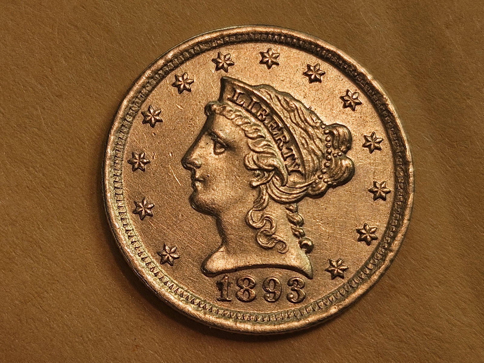 GOLD! Brilliant About Uncirculated 1893 Gold Liberty Head $2.5 Dollars: Quarter Eagle