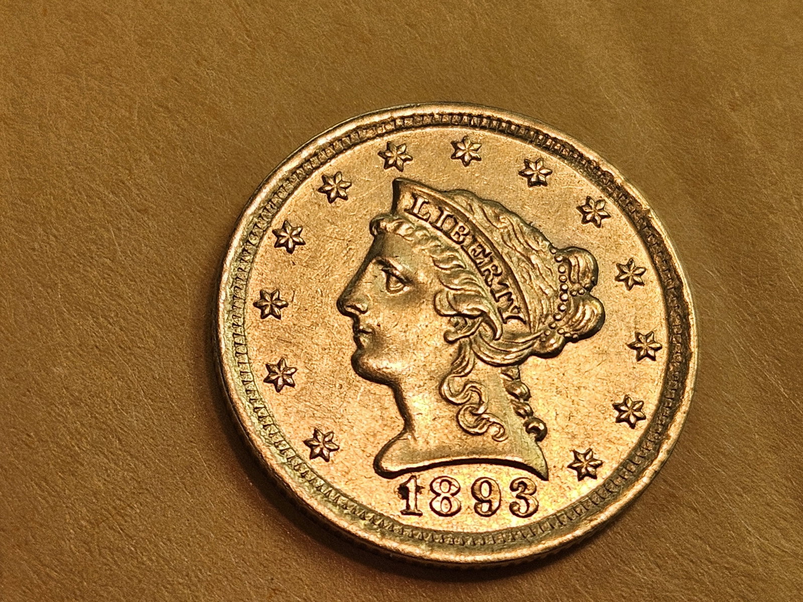 GOLD! Brilliant About Uncirculated 1893 Gold Liberty Head $2.5 Dollars - 3