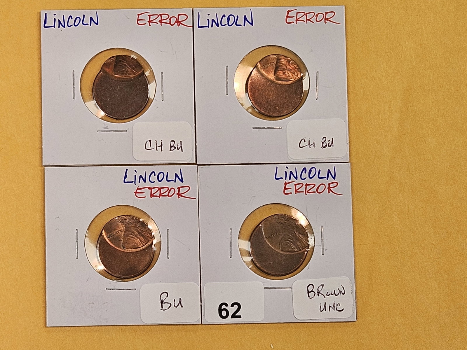 MINT ERRORS! Four Brilliant Uncirculated Lincoln Cents: All off-center strikes