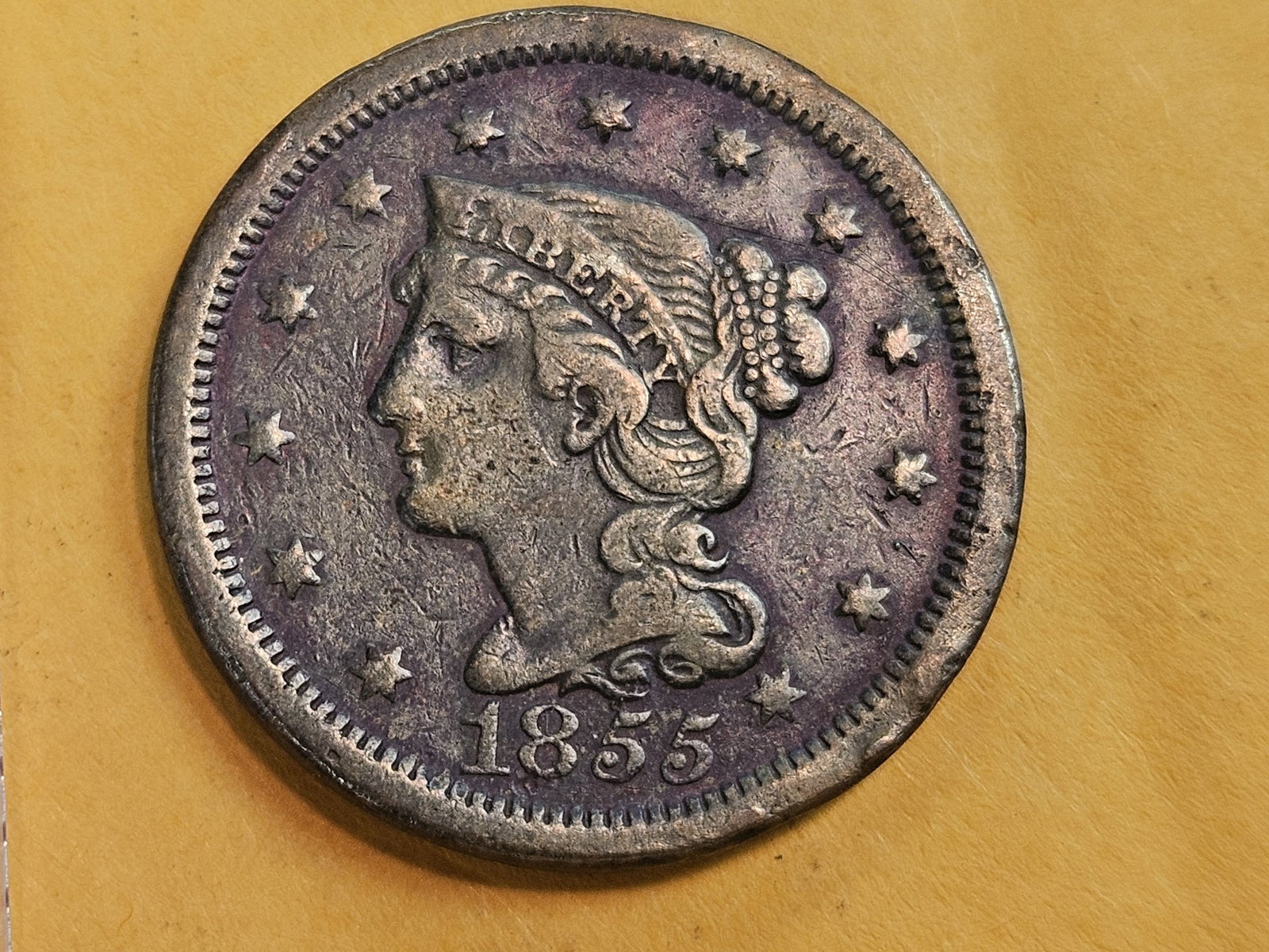 1855 Braided Hair Large Cent in Very Fine: Slanted 5's