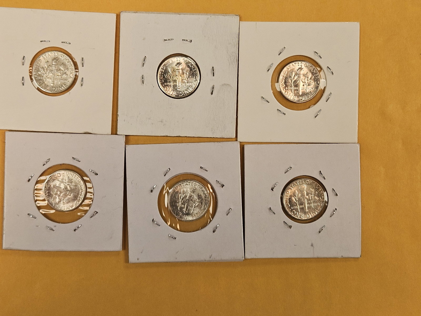 Six, mixed, Brilliant AU and Uncirculated Silver Roosevelt Dimes - 6