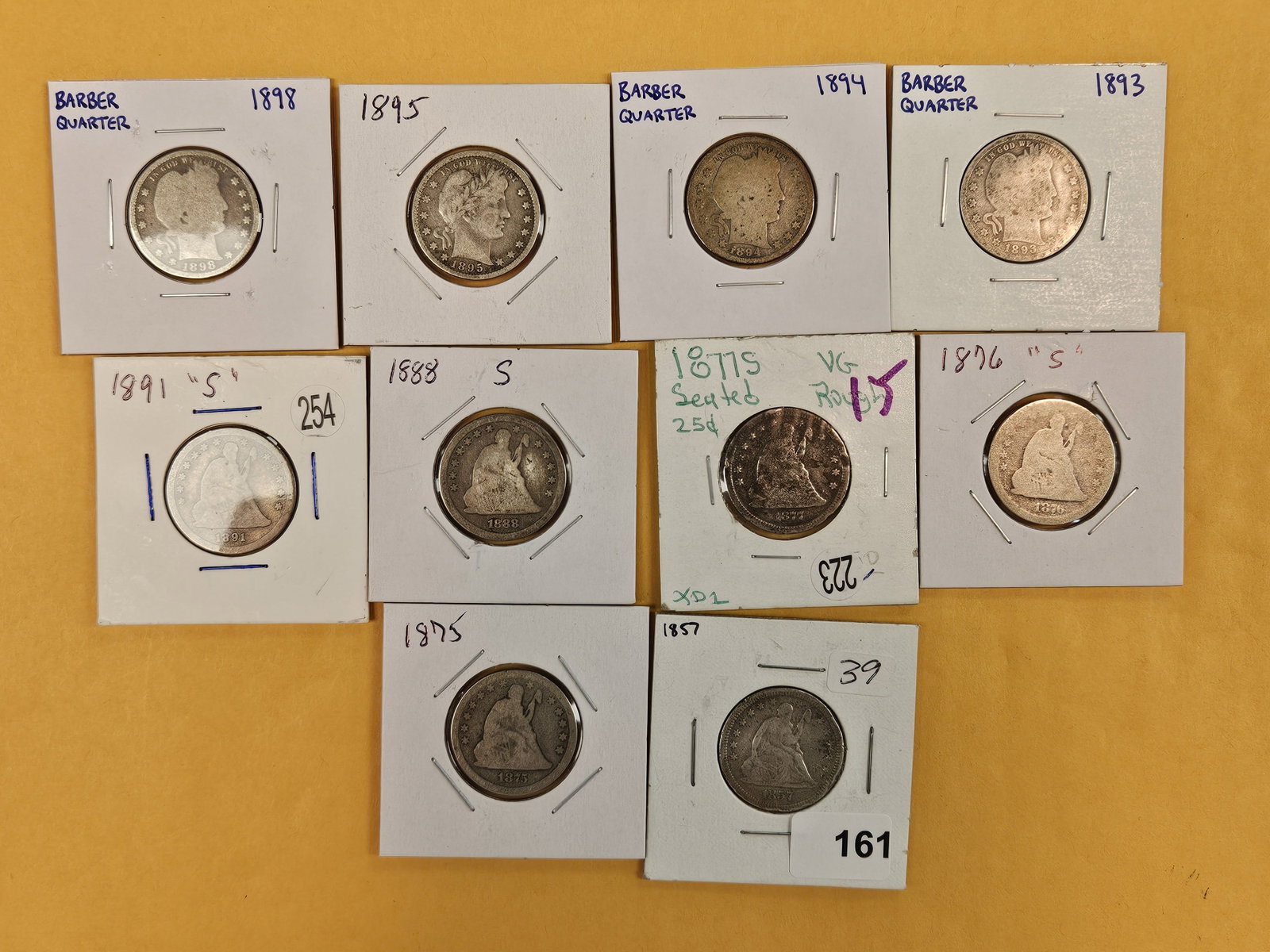Ten mixed Silver Quarters: Seated and Barber