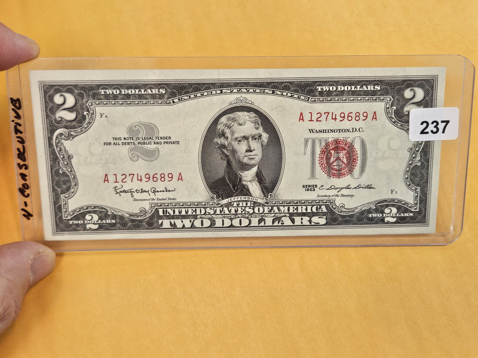 Four Consecutive Crisp Uncirculated Sereis 1963 Two Dollar Red Seal US Notes: Sequential