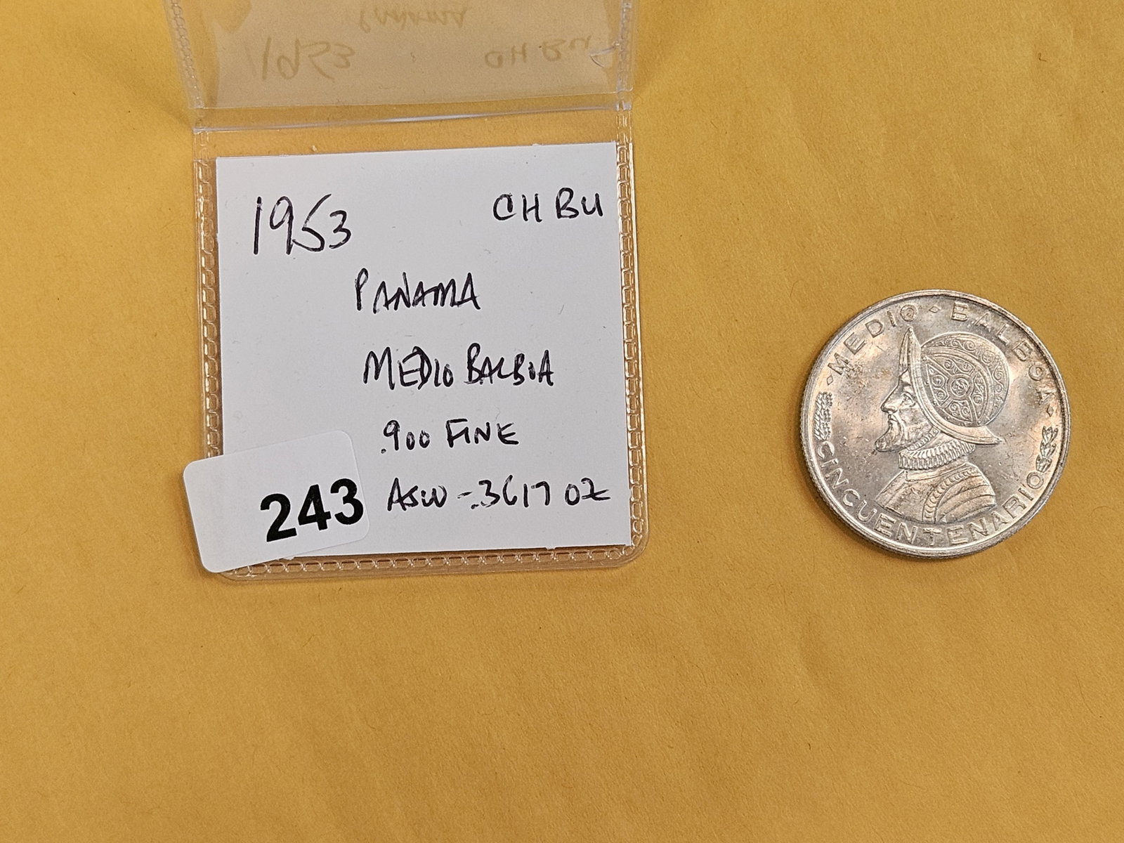 Choice Brilliant Uncirculated 1953 Panama silver half-balboa - 2