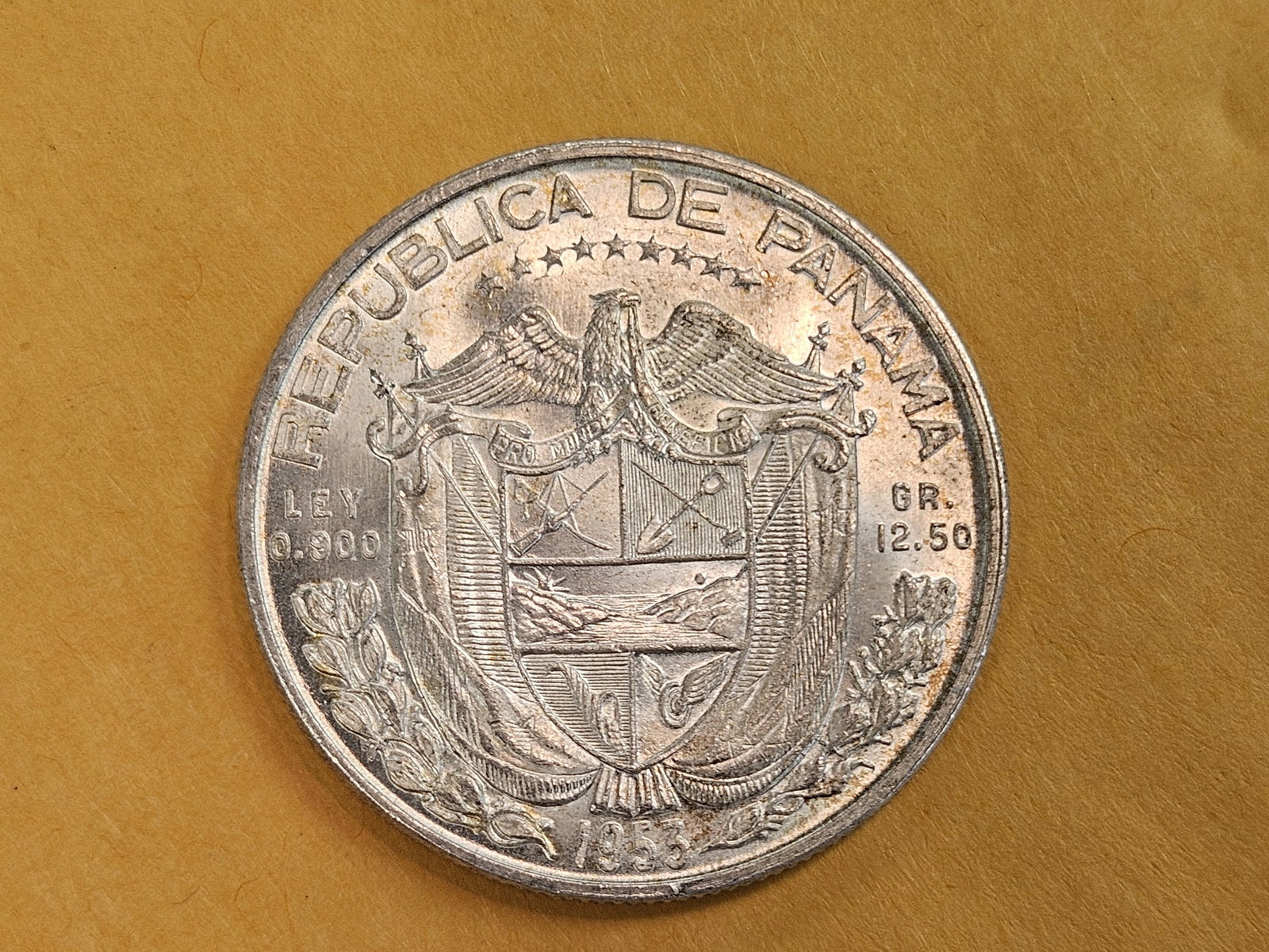 Choice Brilliant Uncirculated 1953 Panama silver half-balboa - 3