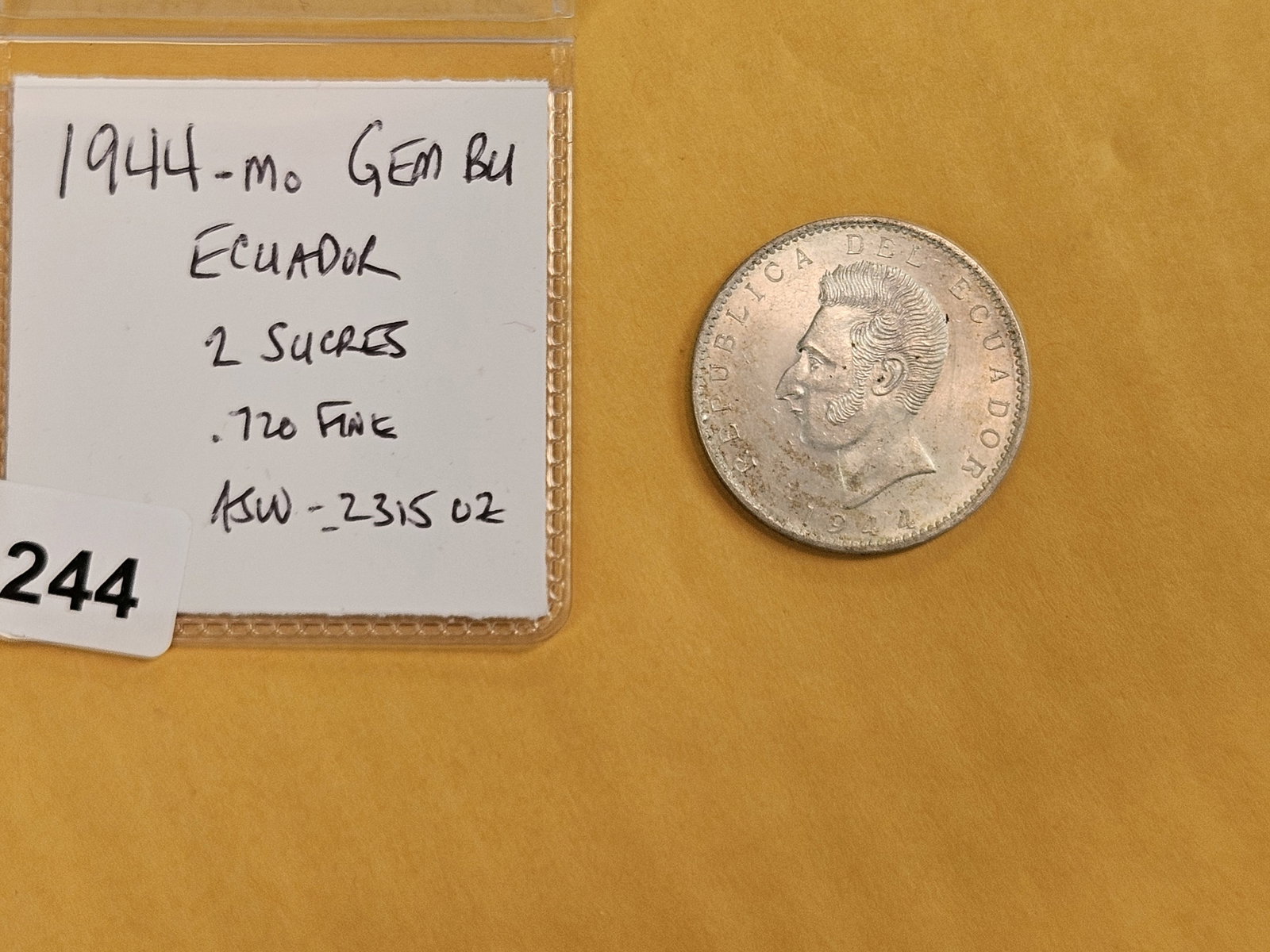 Very Choice to GEM Brilliant Uncirculated 1944mo Silver Ecuador 2 sucres - 2