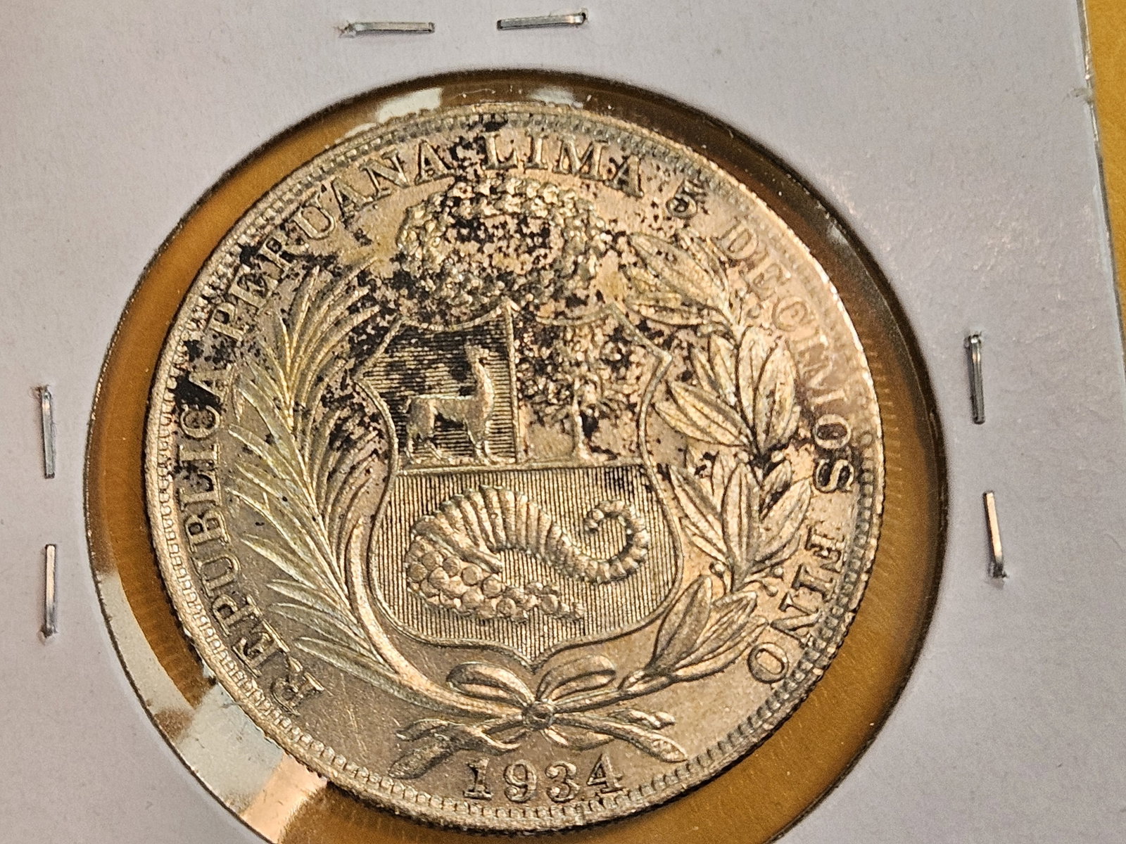 Bright About Uncirculated plus 1934 Peru silver one sol - 3