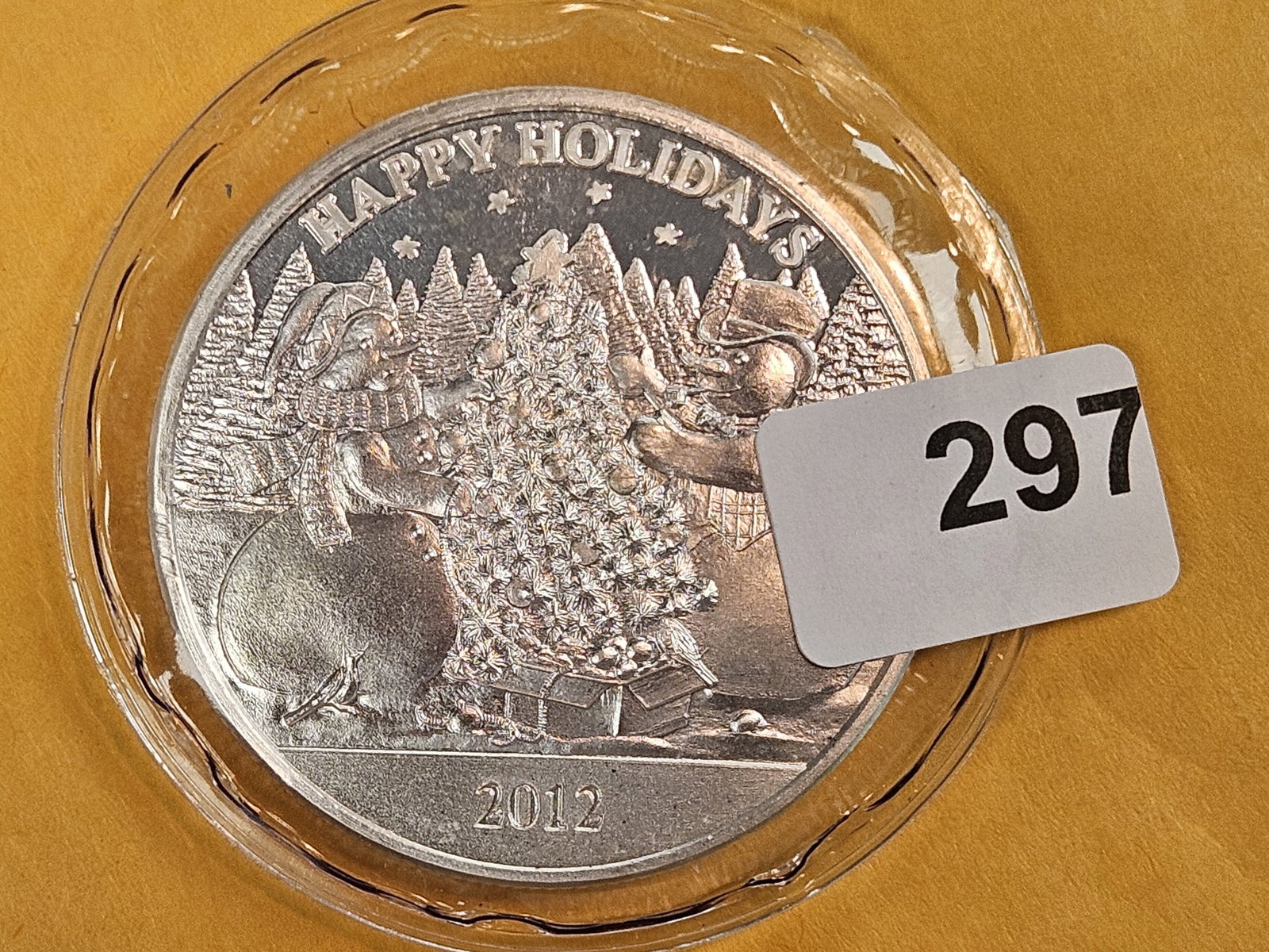 One Troy ounce .999 fine silver proof art round: Happy Holidays