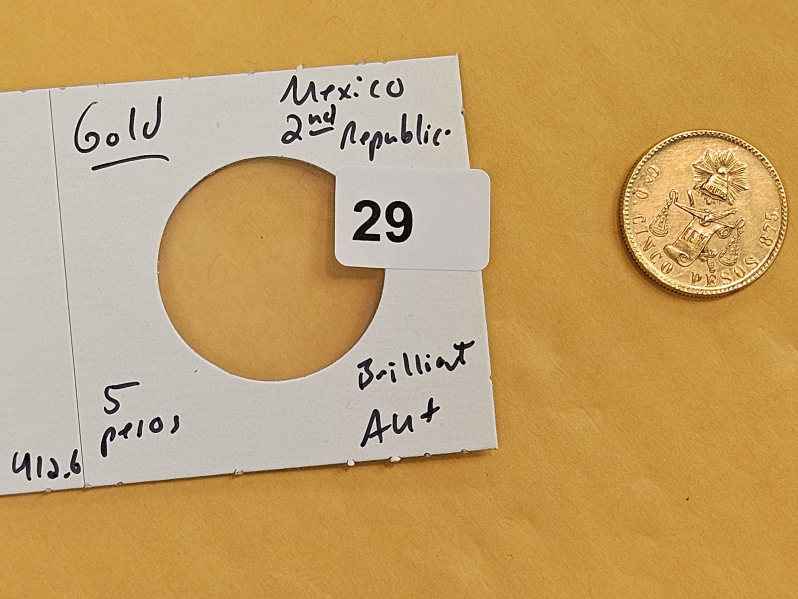* GOLD! Brilliant About Uncirculated plus 1900 Mexico GOLD Five Pesos - 2