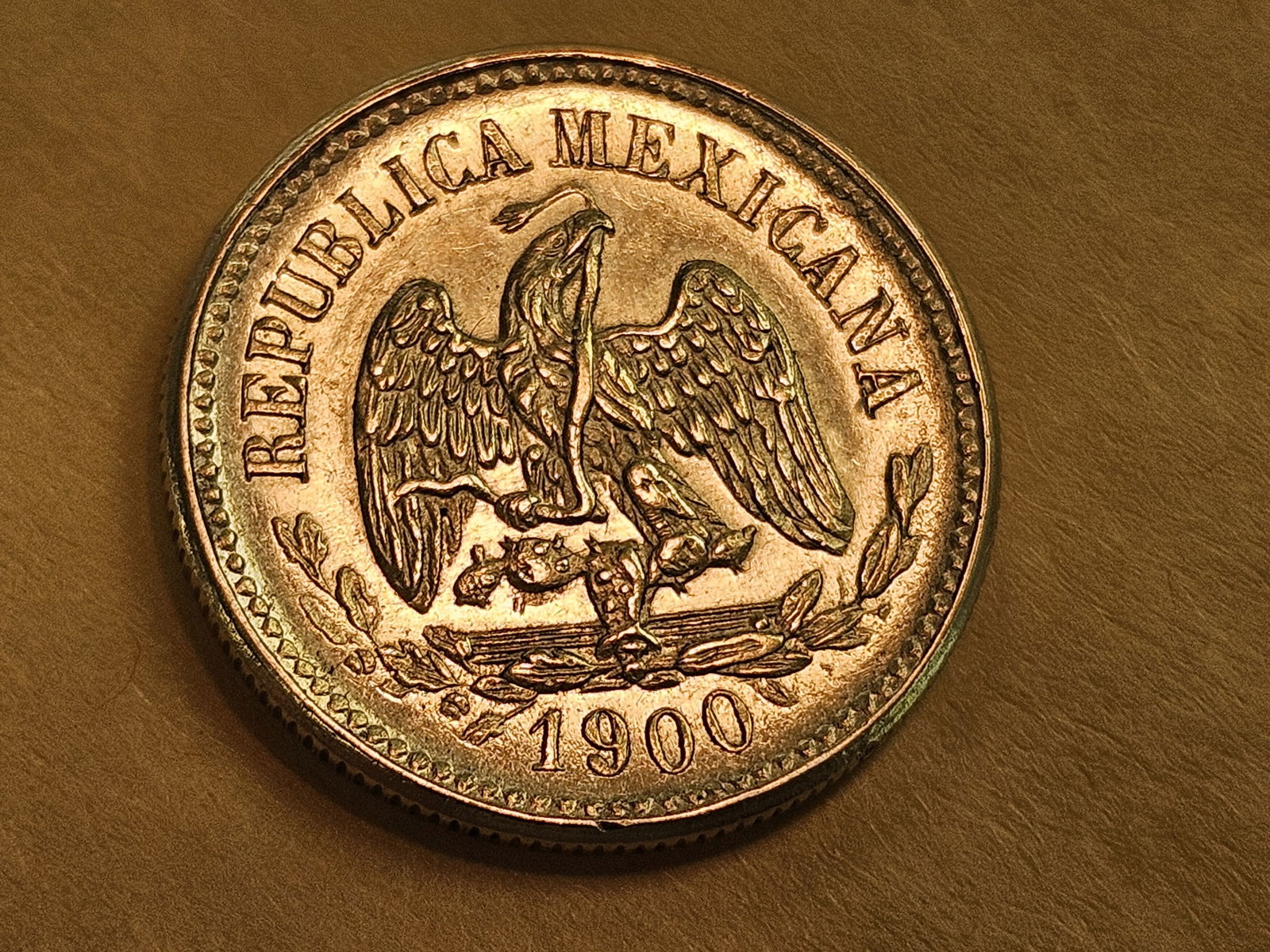 * GOLD! Brilliant About Uncirculated plus 1900 Mexico GOLD Five Pesos - 7