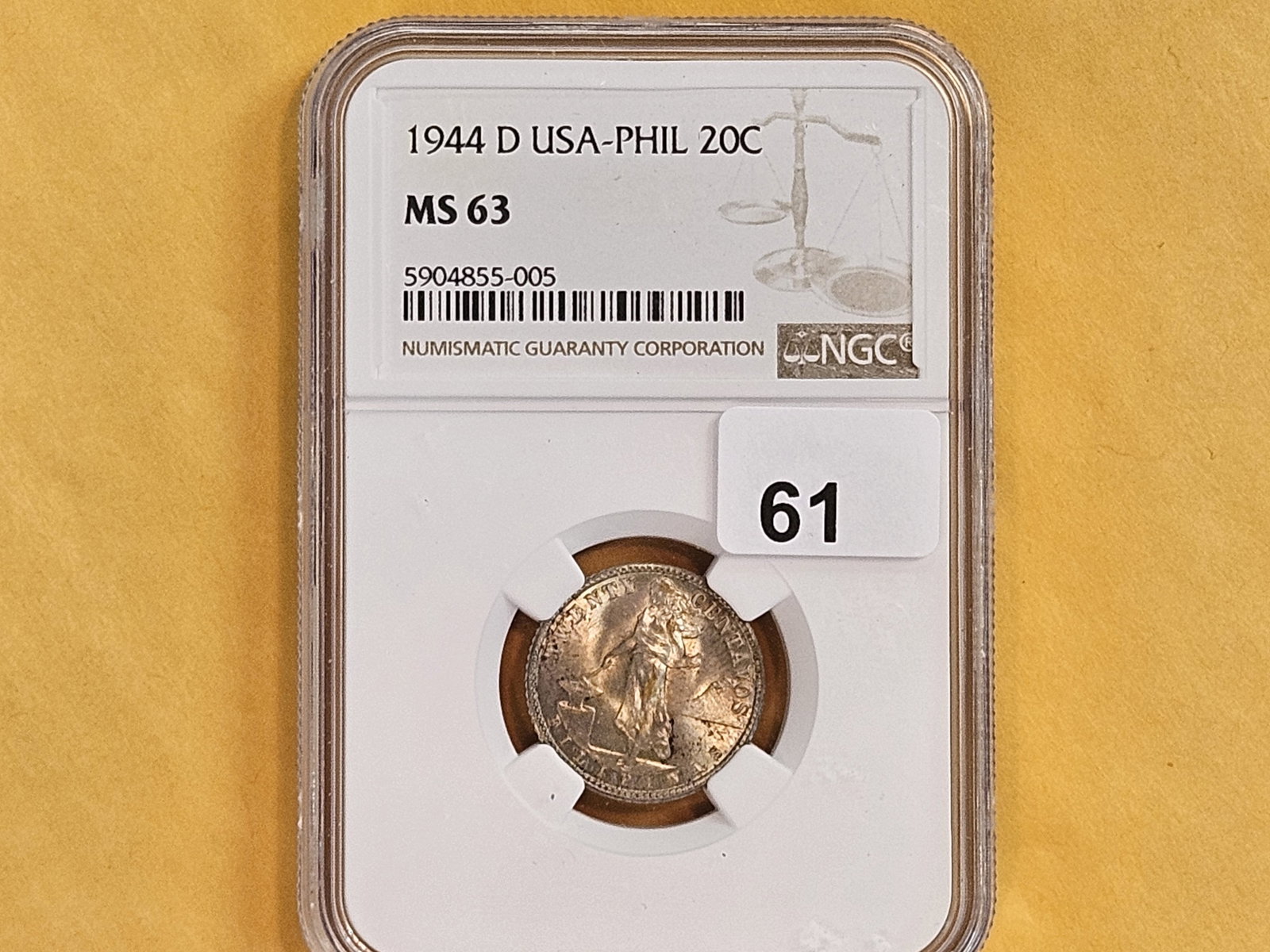 NGC 1944-D Philippines silver 20 centavos in Mint State 63 - 2