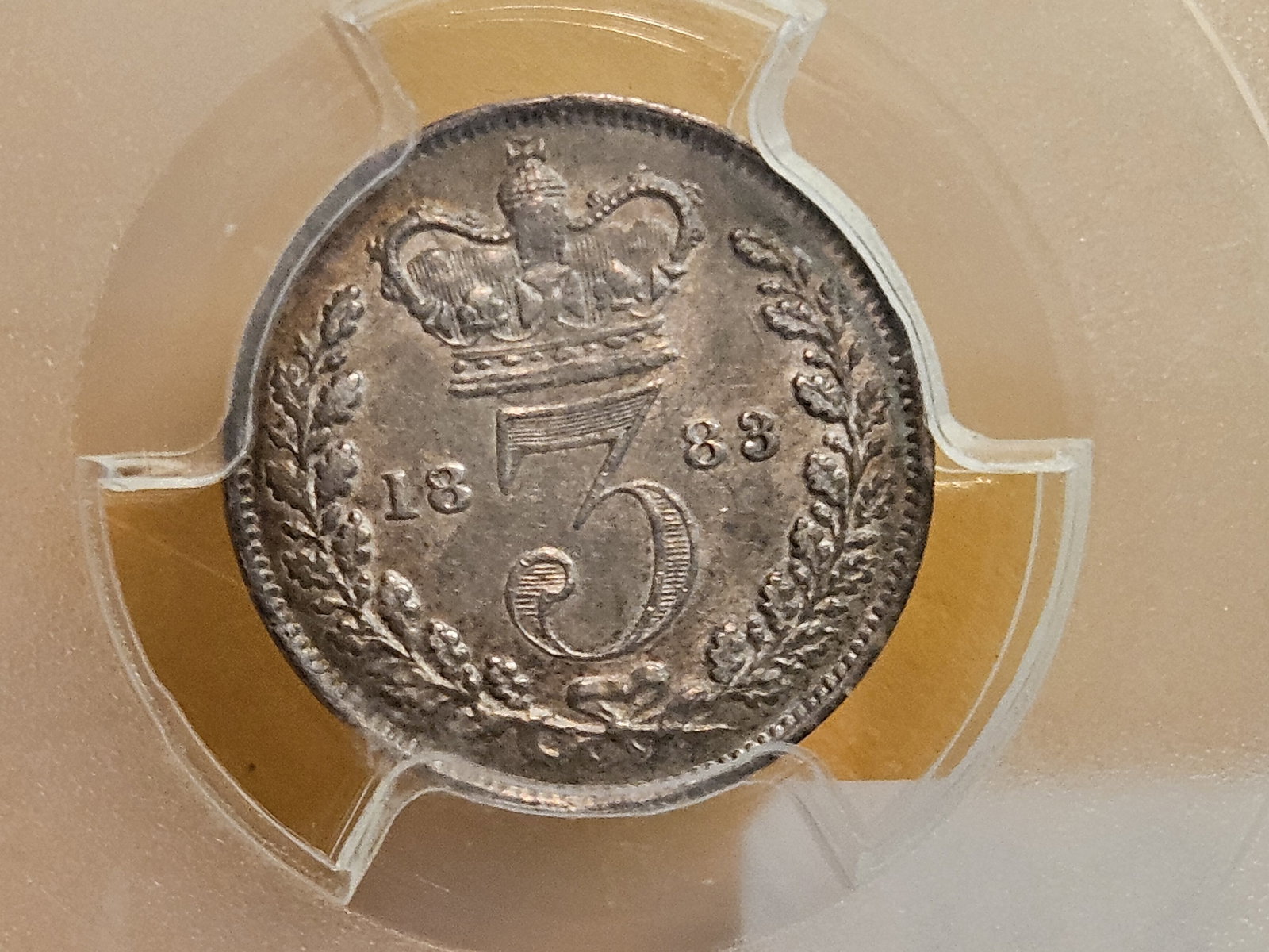 PCGS 1883 Great Britain silver 3 pence in Brilliant About Uncirculated - details - 7