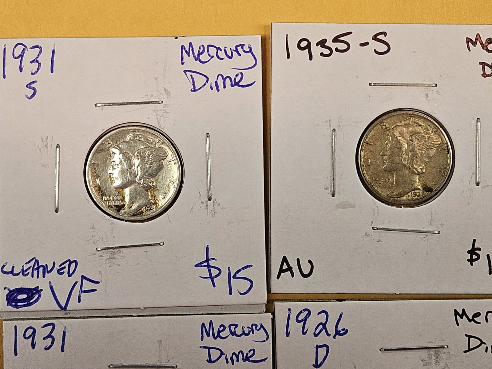 Five mixed silver Mercury Dimes - 2