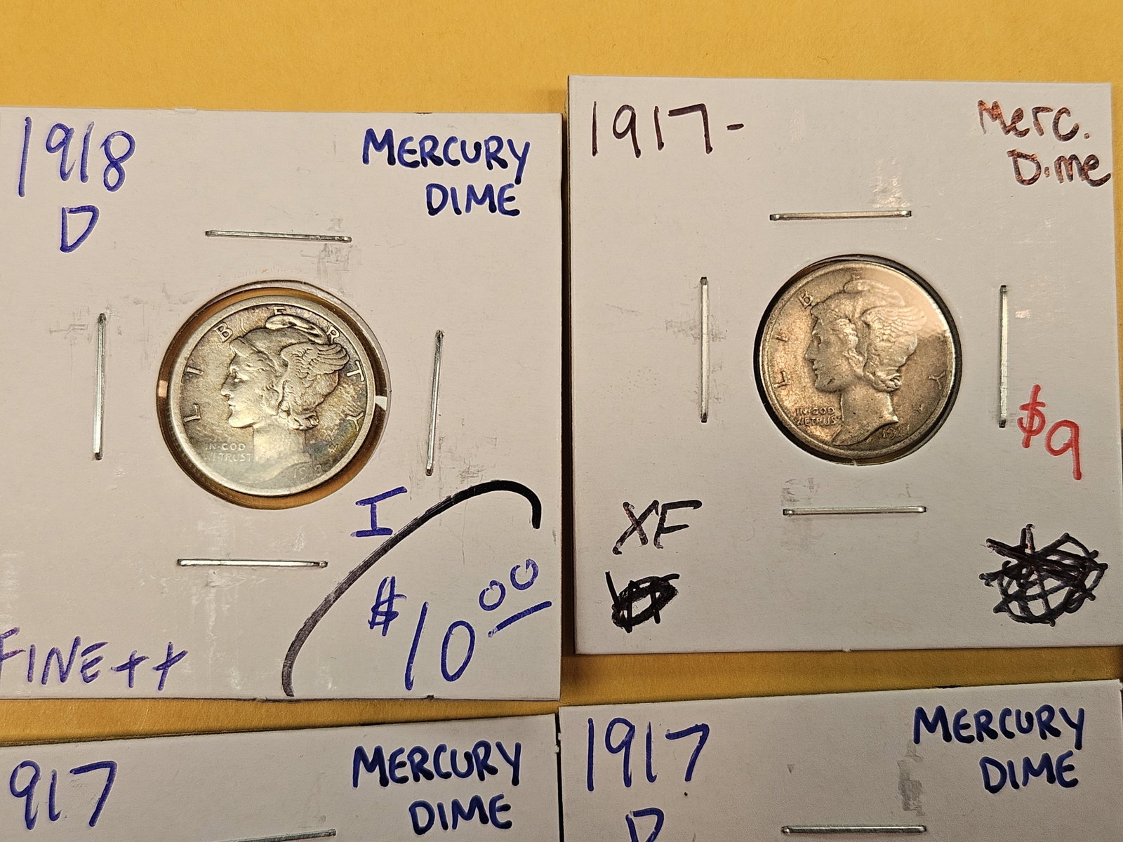 Five mixed silver Mercury Dimes - 2