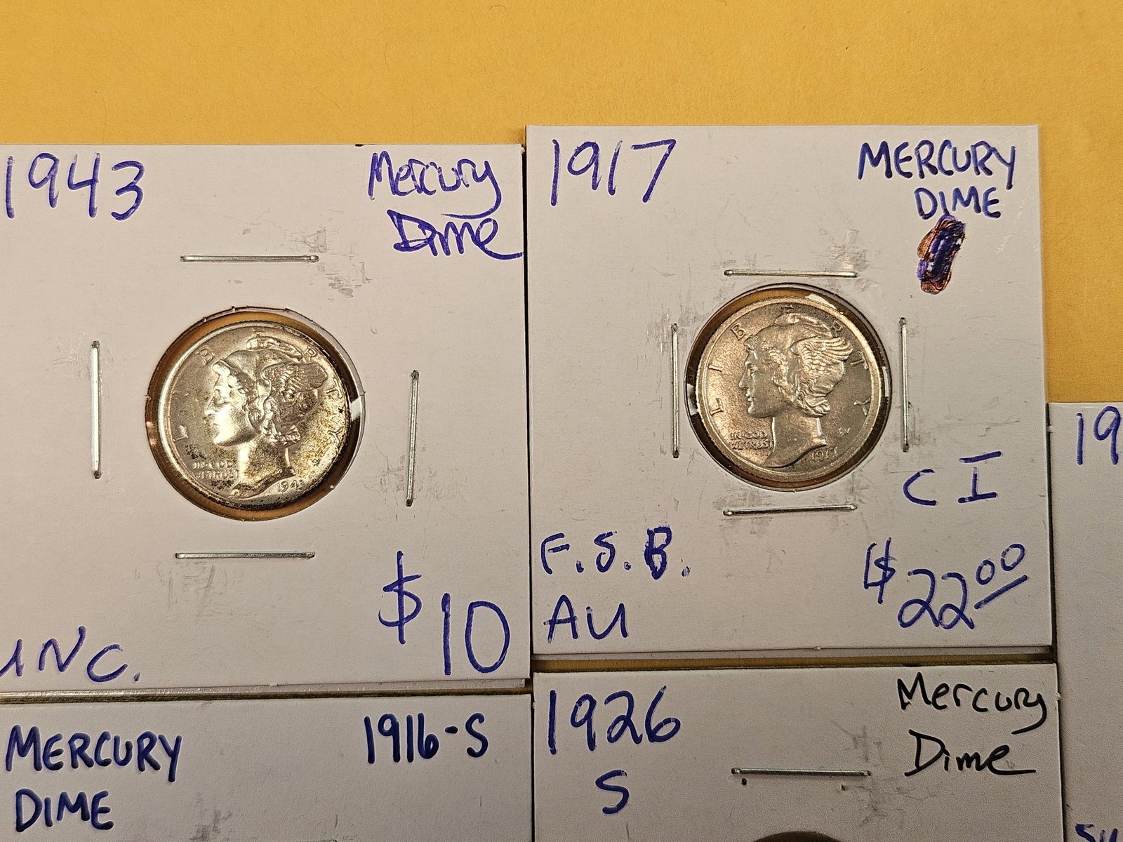 Five mixed silver Mercury Dimes - 2