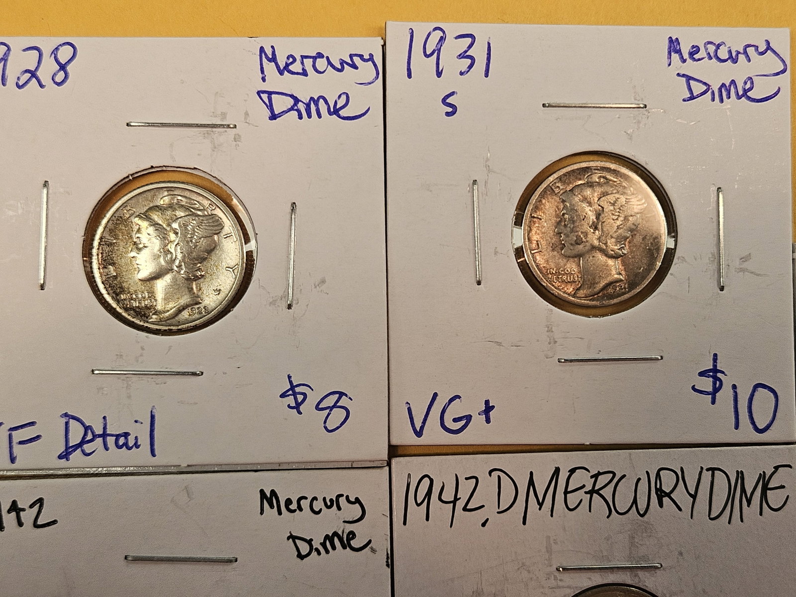 Five mixed silver Mercury Dimes - 2