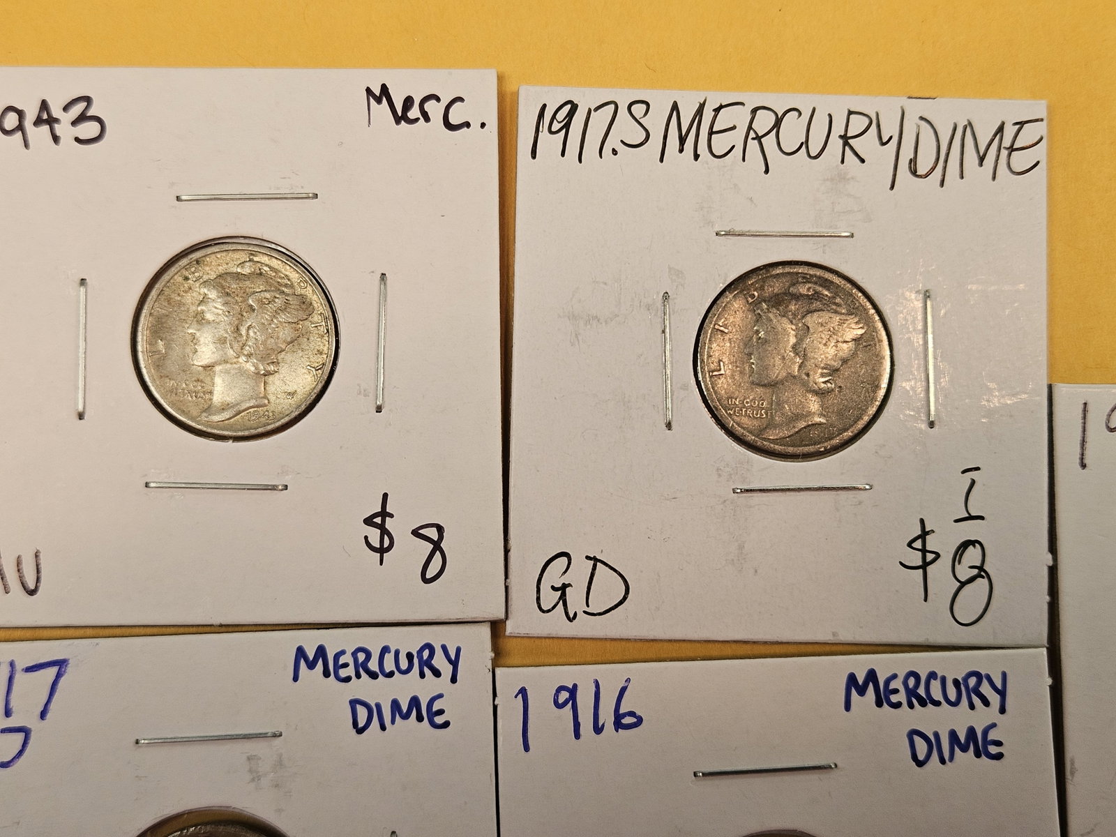 Five mixed silver Mercury Dimes - 2