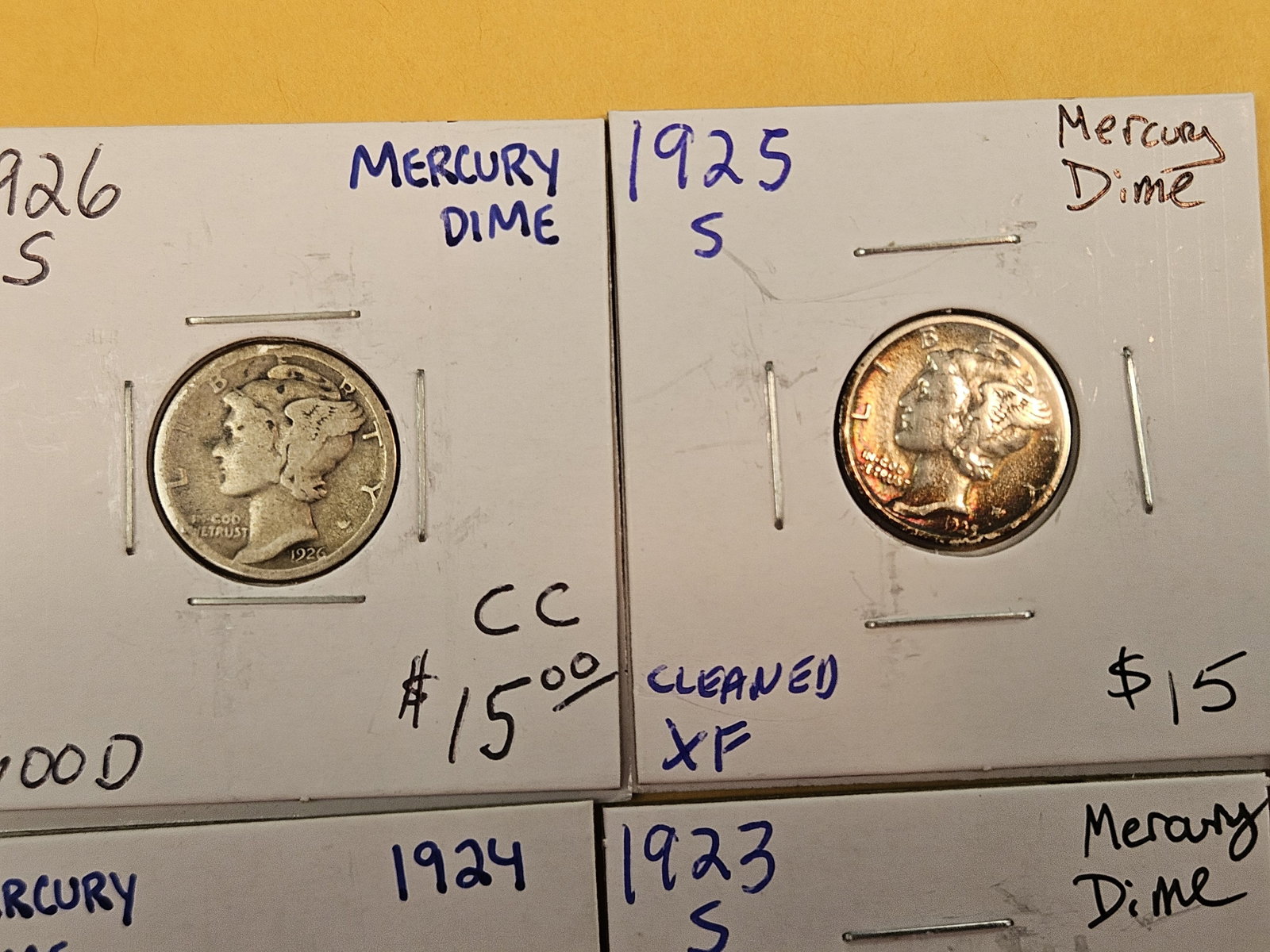 Five mixed silver Mercury Dimes - 2