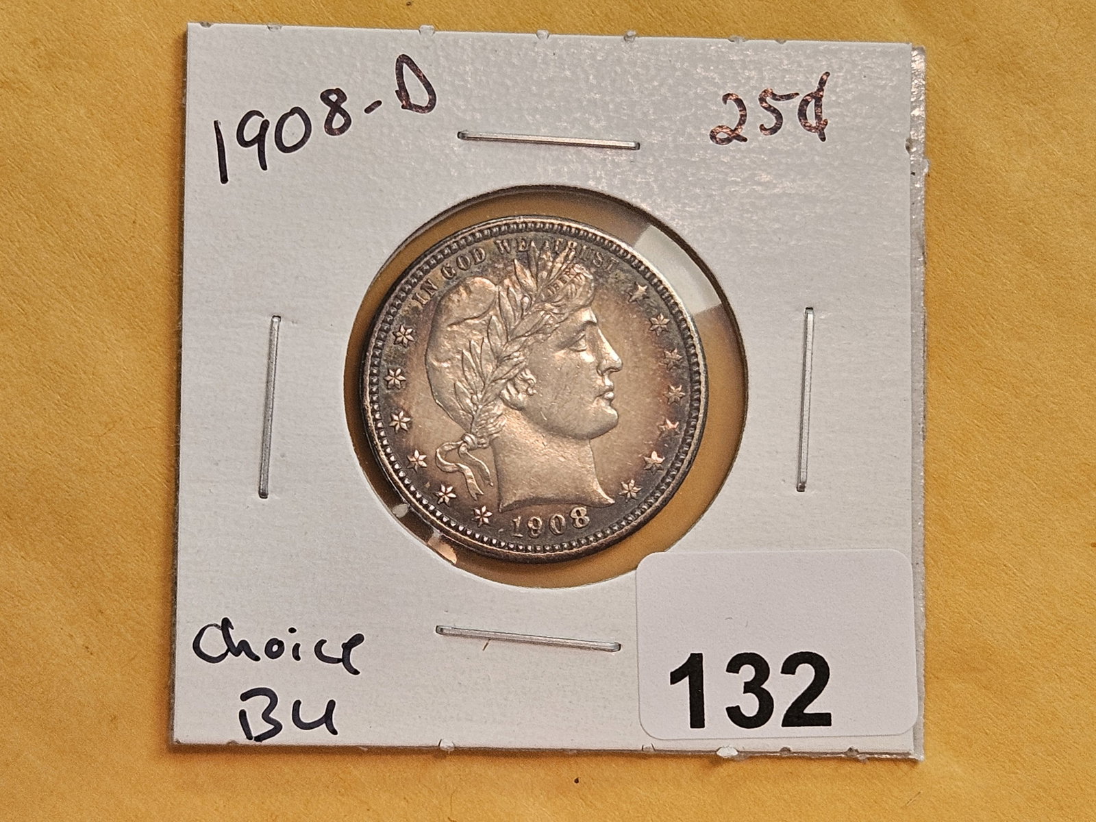 Choice Brilliant Uncirculated 1908-D Barber Quarter - 2