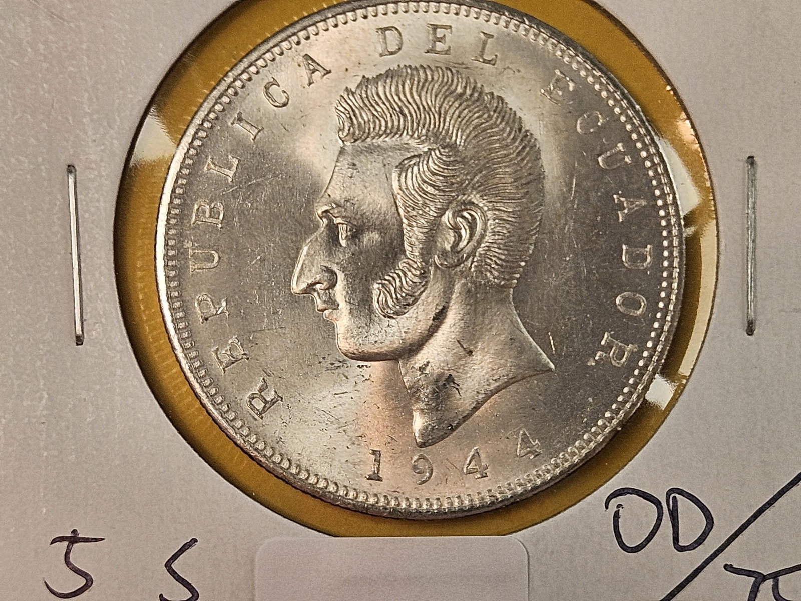 Very Choice Brilliant Uncirculated 1944 Ecuador silver 5 sucres: Purt near Gem!