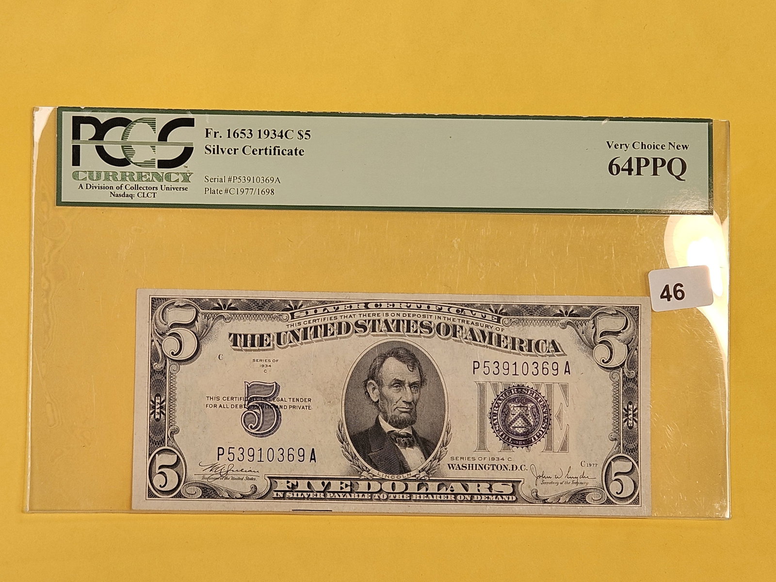 PCGS Curreny 1934-C Five Dollar Silver Certificate in Very Choice New 64 PPQ: Premium Paper Quality. FR 1653