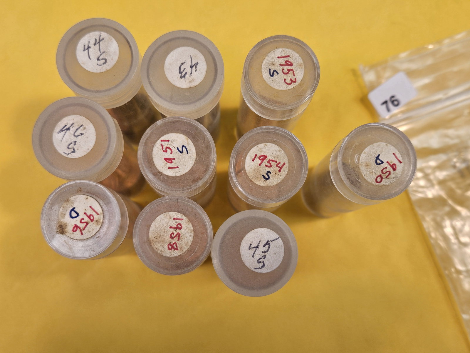 Ten mixed, partial, rolls of Red Uncirculated Wheat cents: Dates on top of rolls. Came from an old collection. We didn't check, count or search