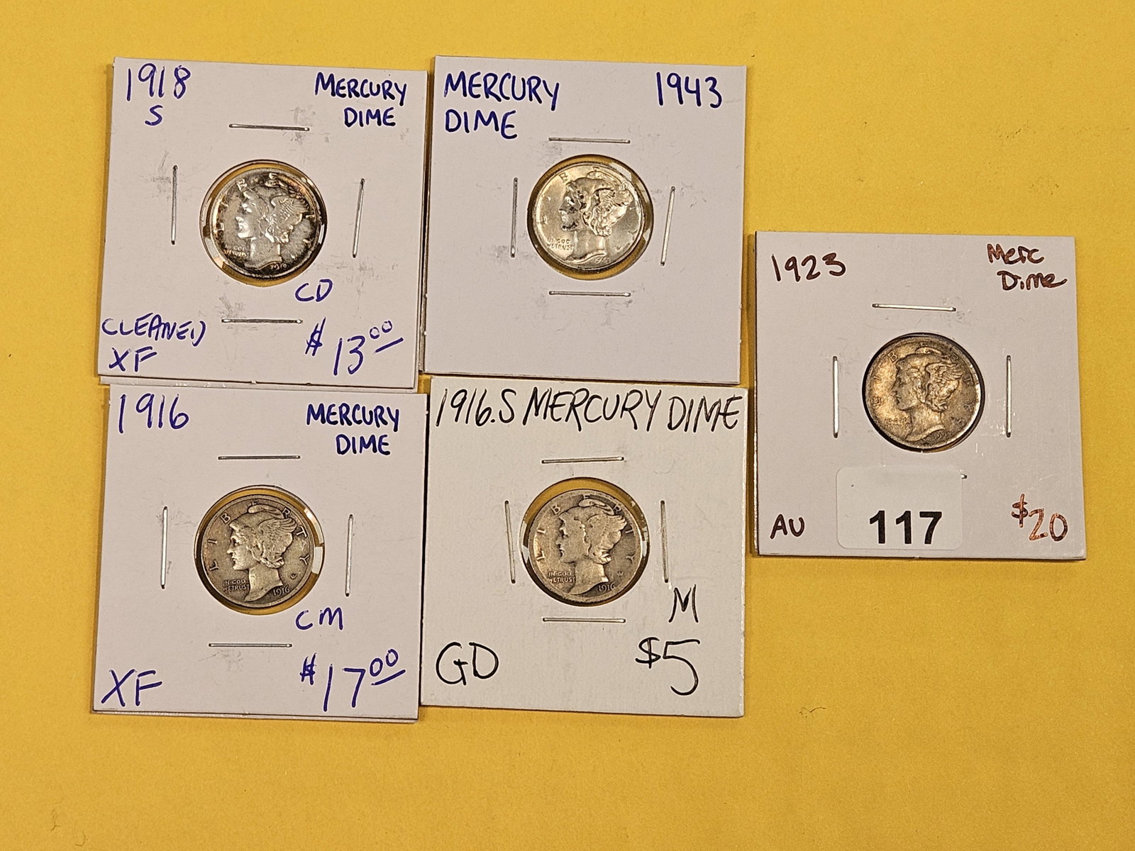 Five mixed Mercury Silver Dimes - 2
