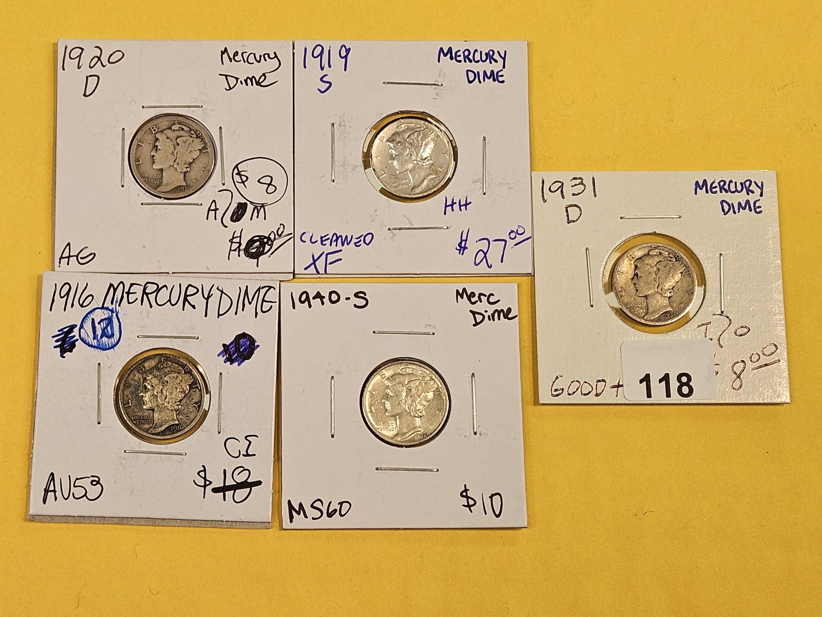 Five mixed Mercury Silver Dimes - 2