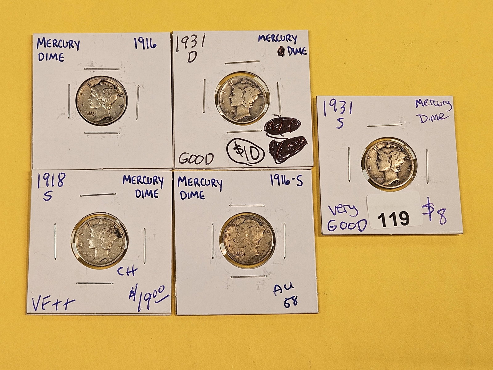 Five mixed Mercury Silver Dimes - 2