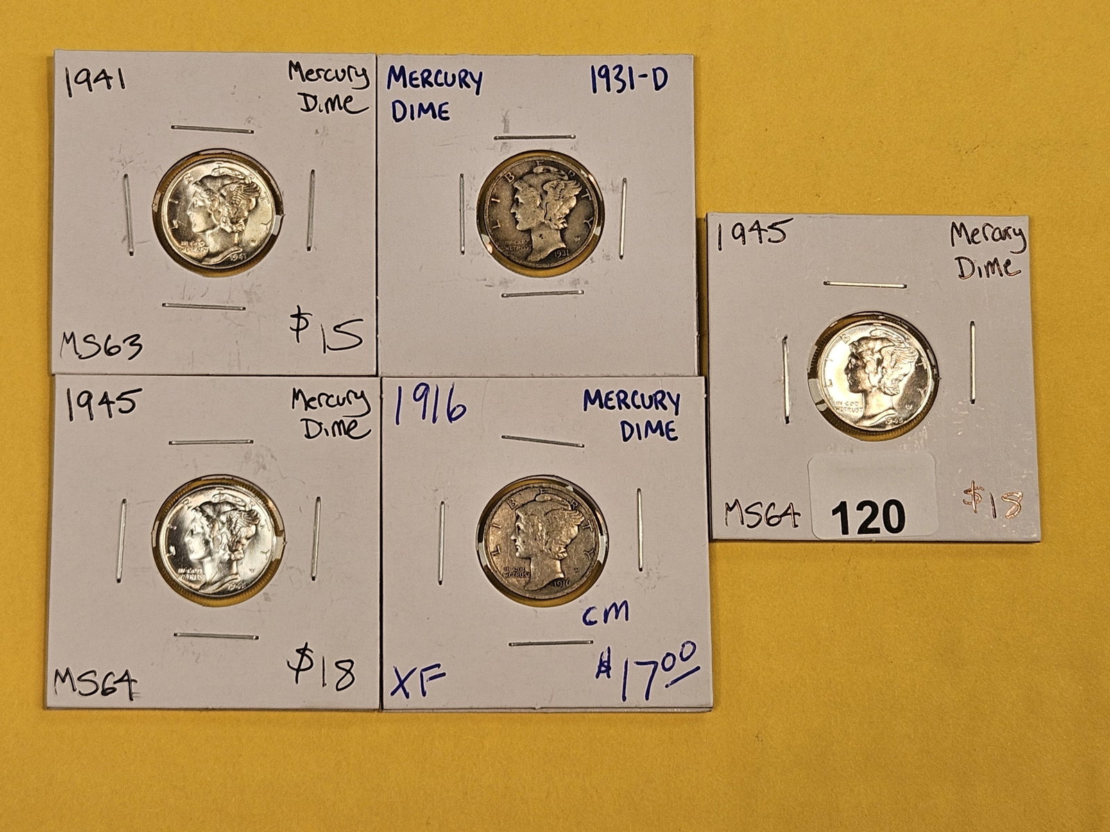 Five mixed Mercury Silver Dimes - 2