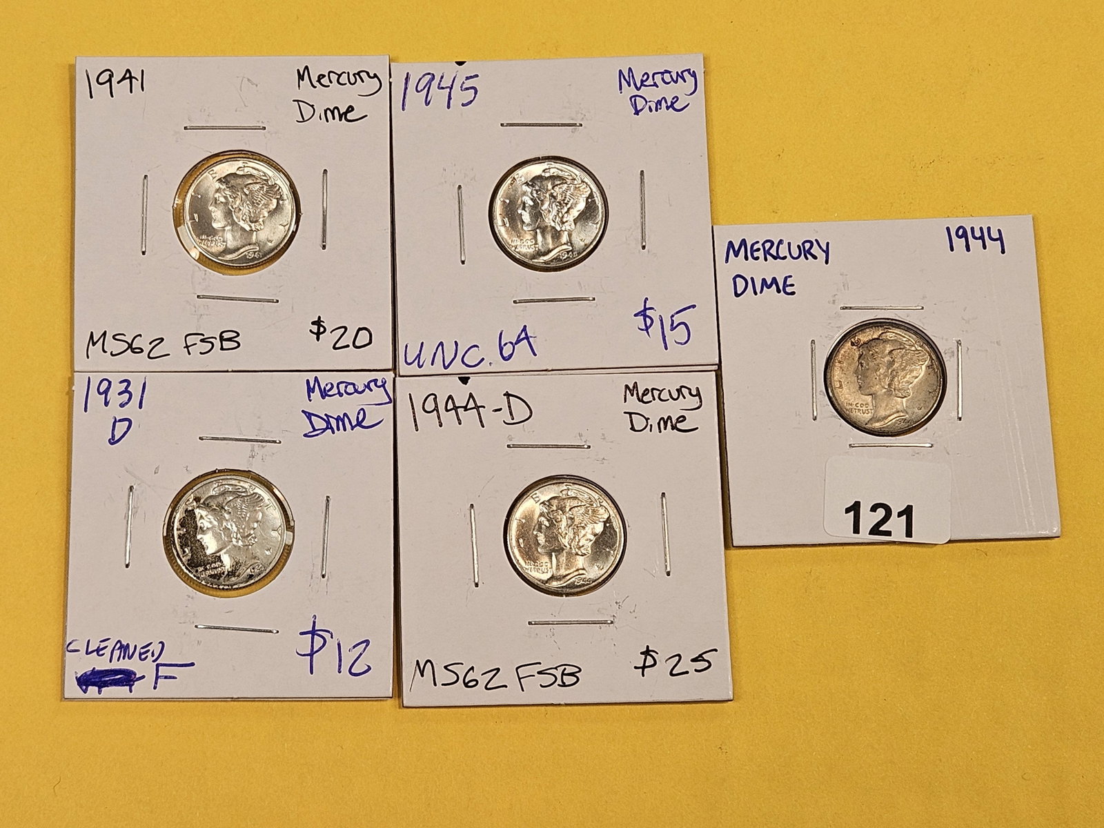 Five mixed Mercury Silver Dimes - 2