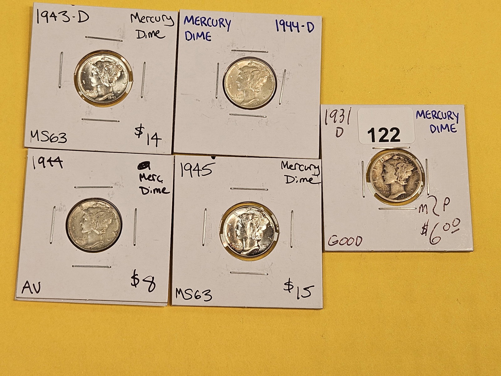 Five mixed Mercury Silver Dimes - 2