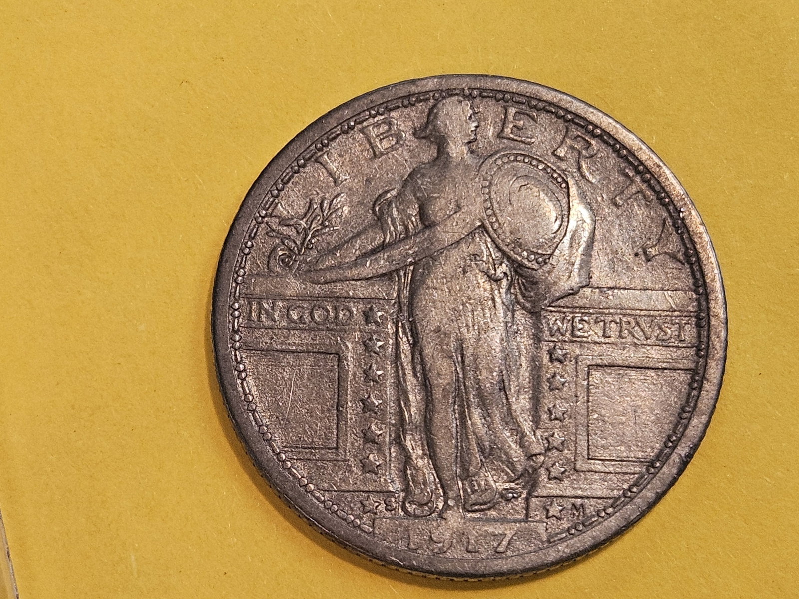 1917-S Standing Liberty silver Quarter in Very Fine: With an even gray patina