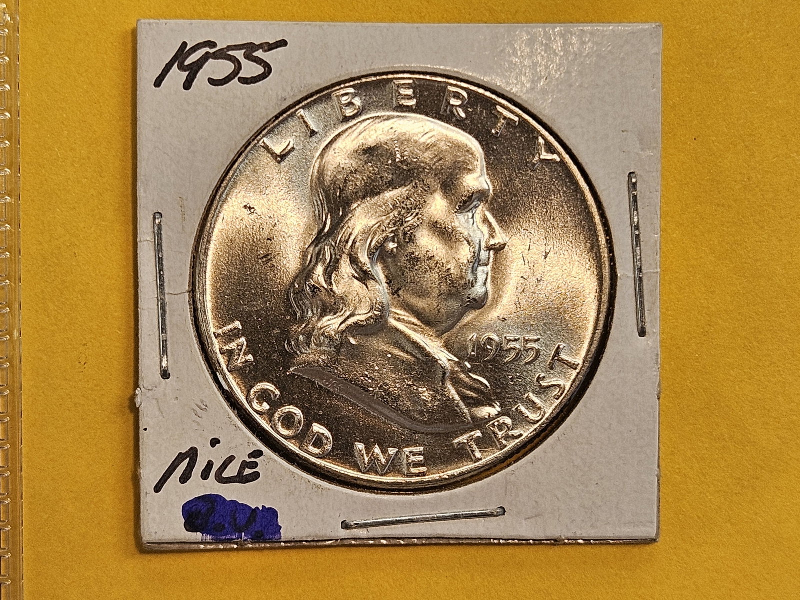 GEM Brilliant Uncirculated 1955 Franklin silver Half dollar: Very light Bugs Bunny effect