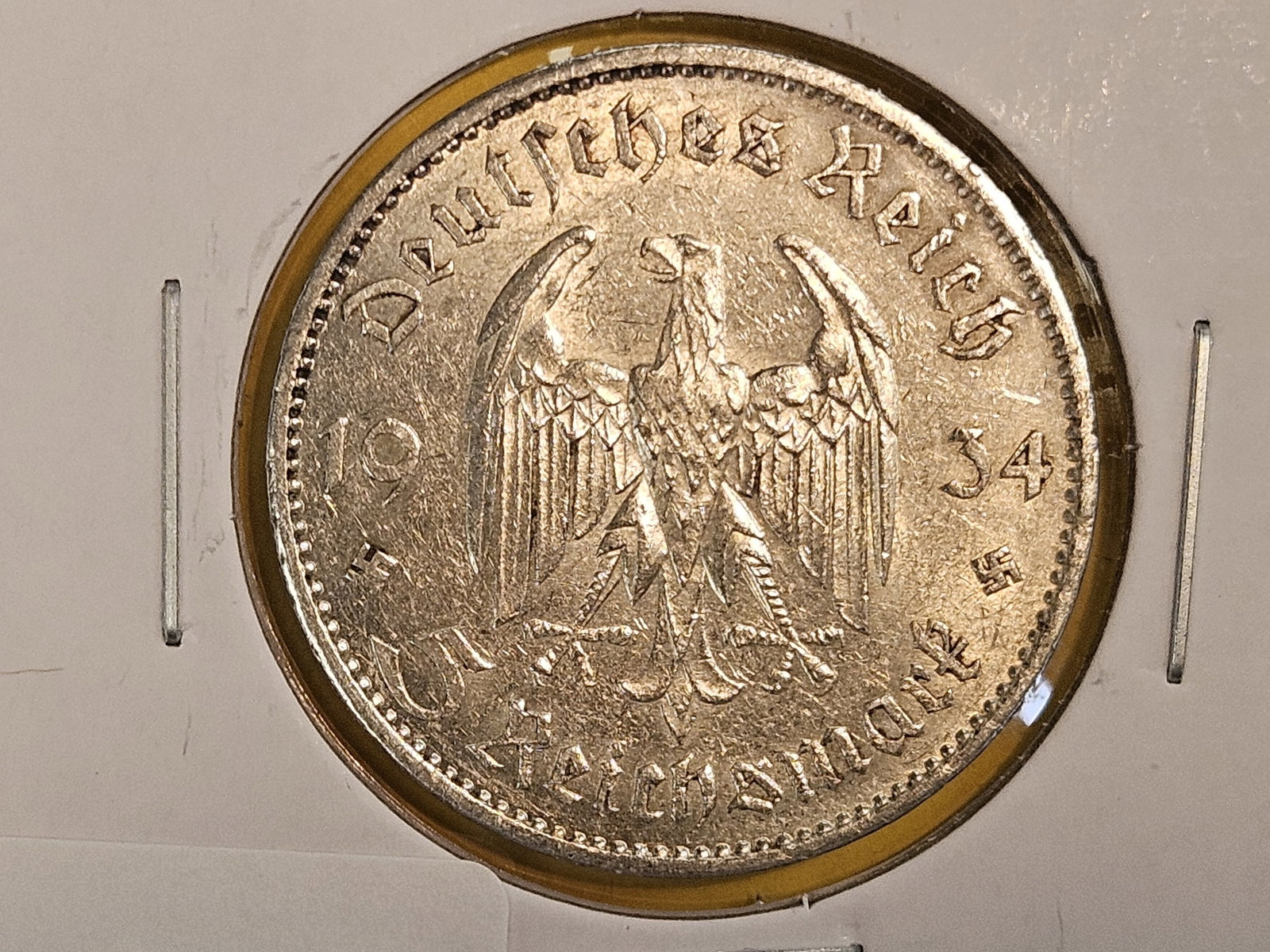 Brilliant About Uncirculated plus 1934-A Germany silver 5 reichsmark: Church reverse