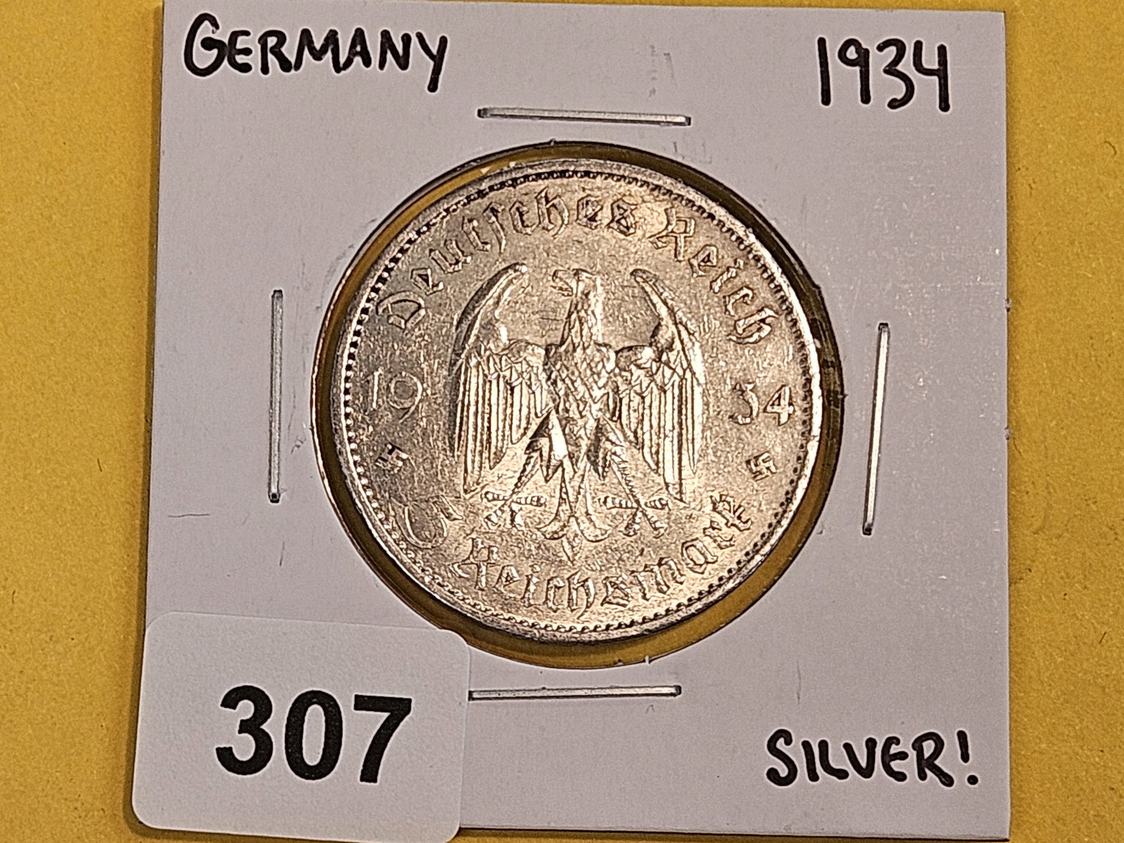 Brilliant About Uncirculated plus 1934-A Germany silver 5 reichsmark - 2