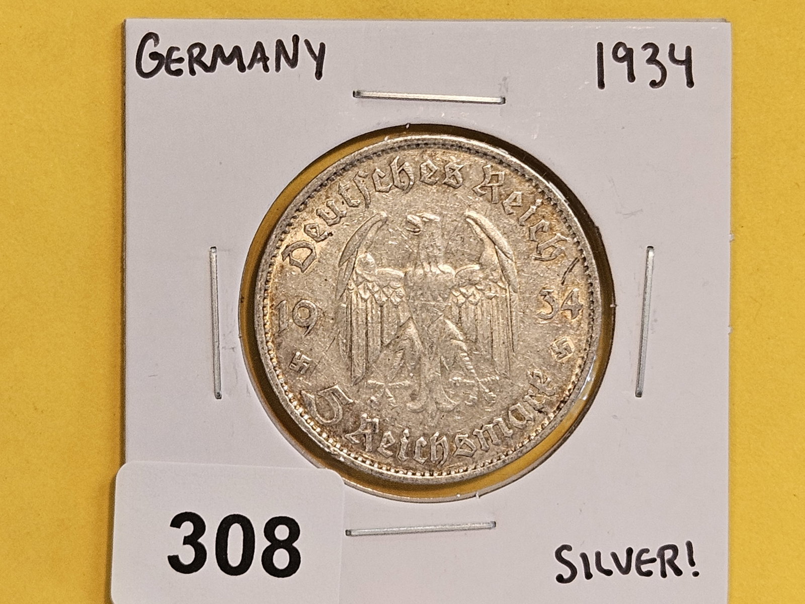 About Uncirculated 1934-G Germany silver 5 reichsmark - 2