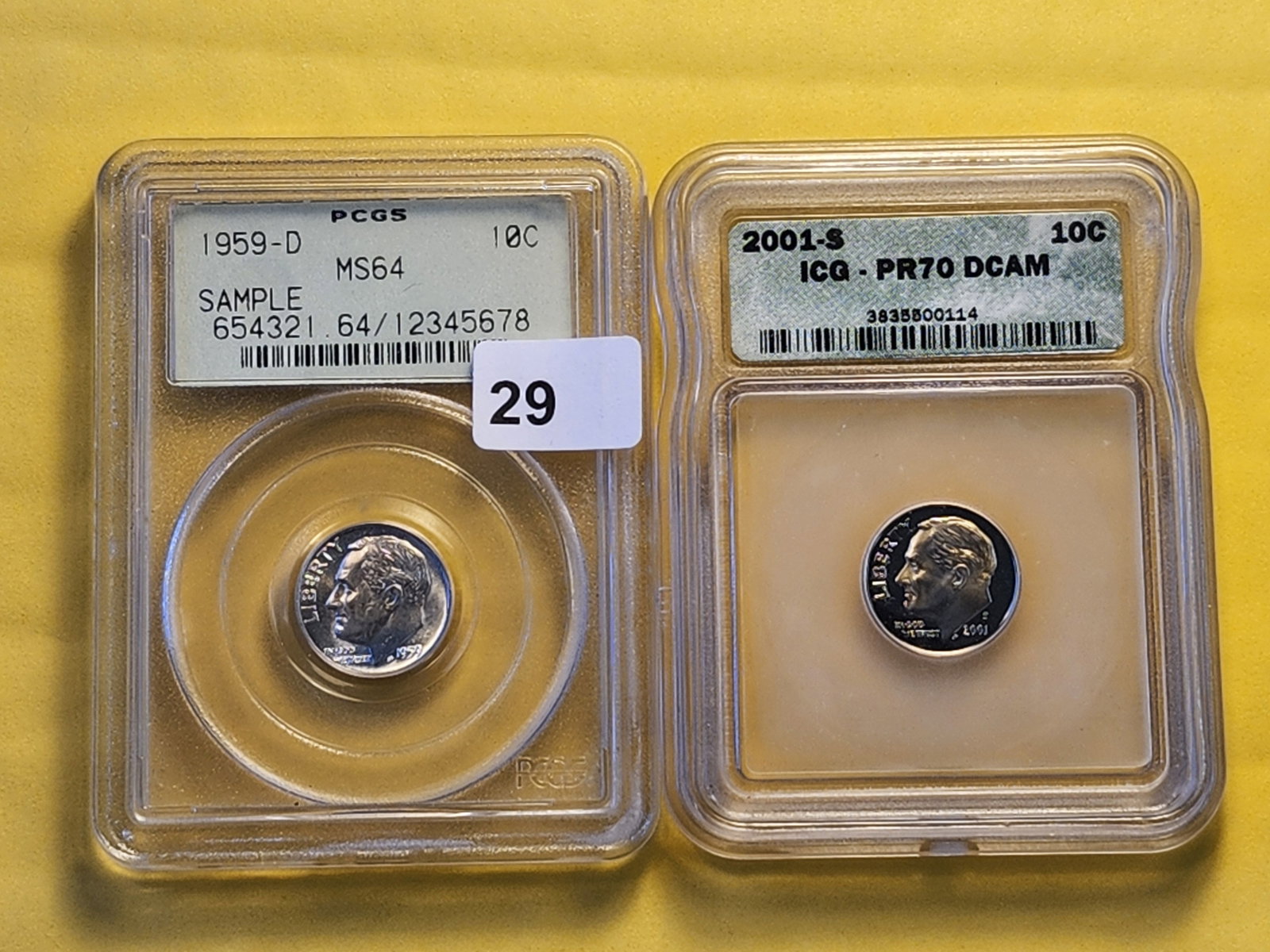 ICG and PCGS graded silver dimes: PCGS Very Choice 1959-D in Mint State 64 and ICG Perfect 2001-S in Proof 70 Deep Cameo