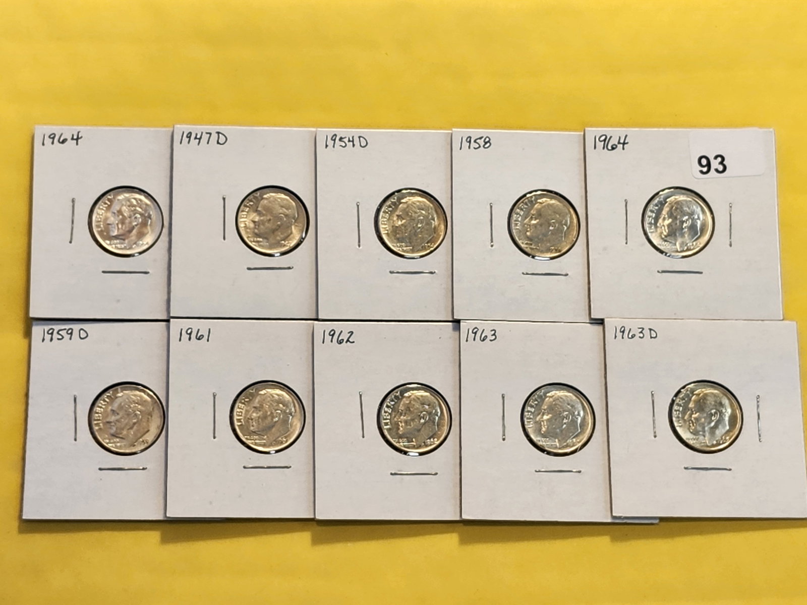 Ten Mixed Brilliant Silver Roosevelt Dimes: About Uncirculated