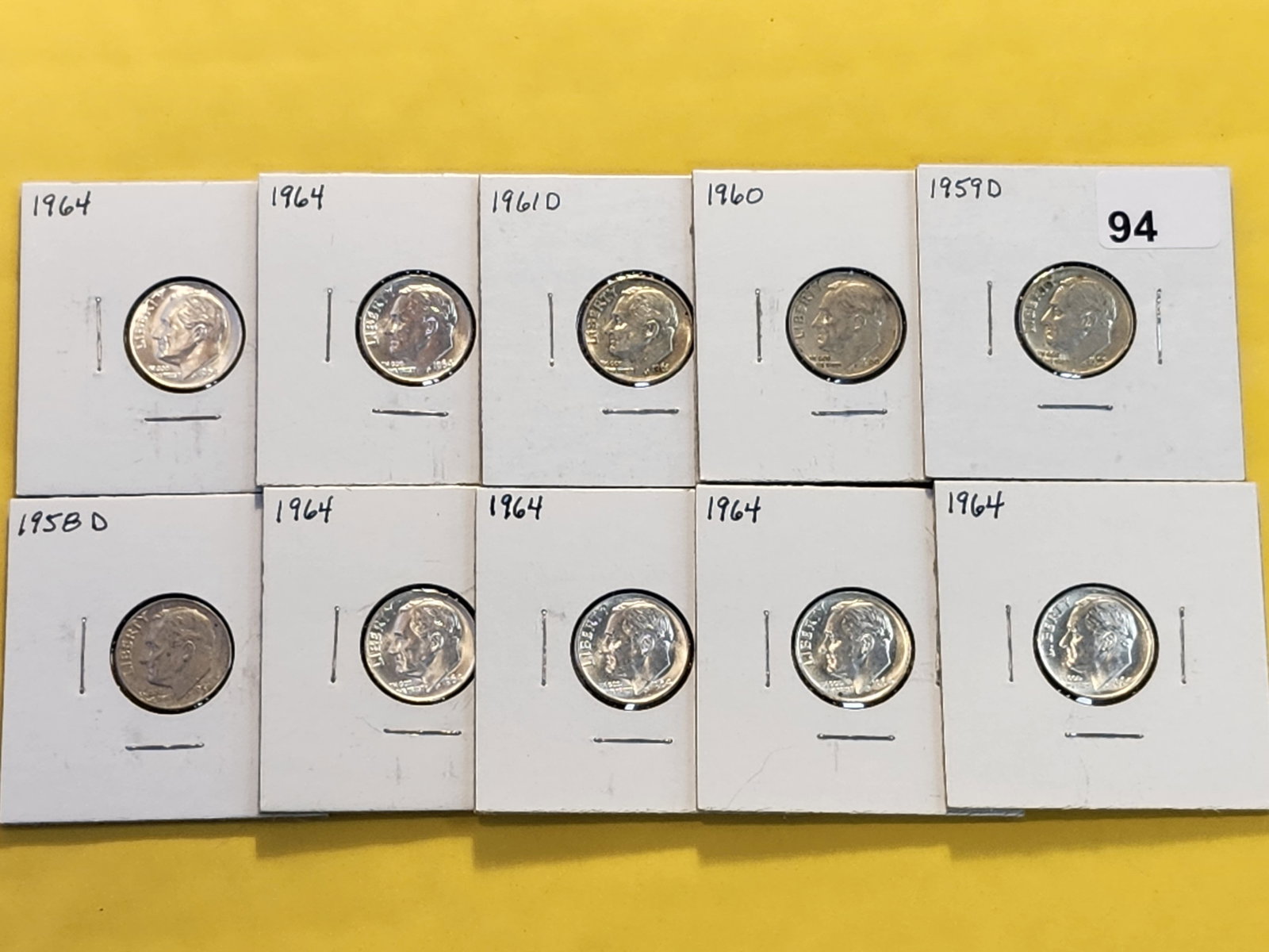 Ten Mixed Brilliant Silver Roosevelt Dimes: About Uncirculated