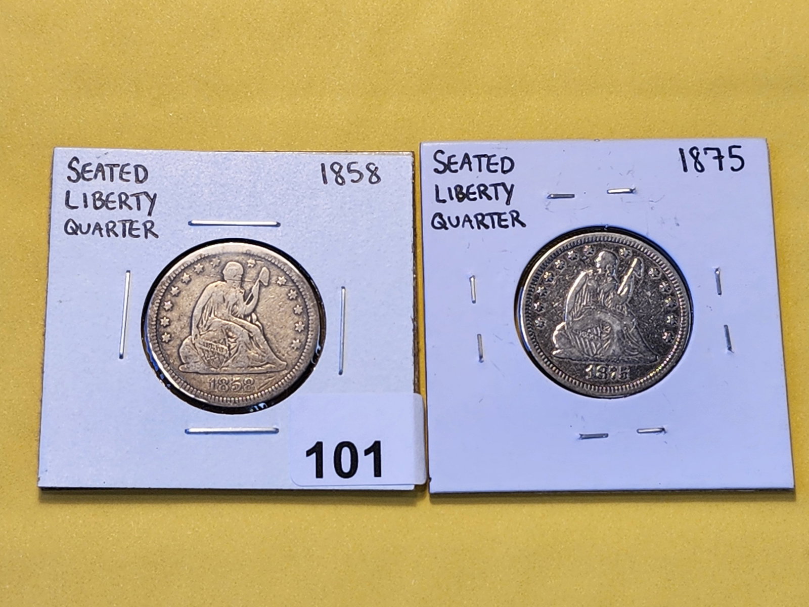 1858 and 1875 Seated Liberty Silver Quarter: Circulated