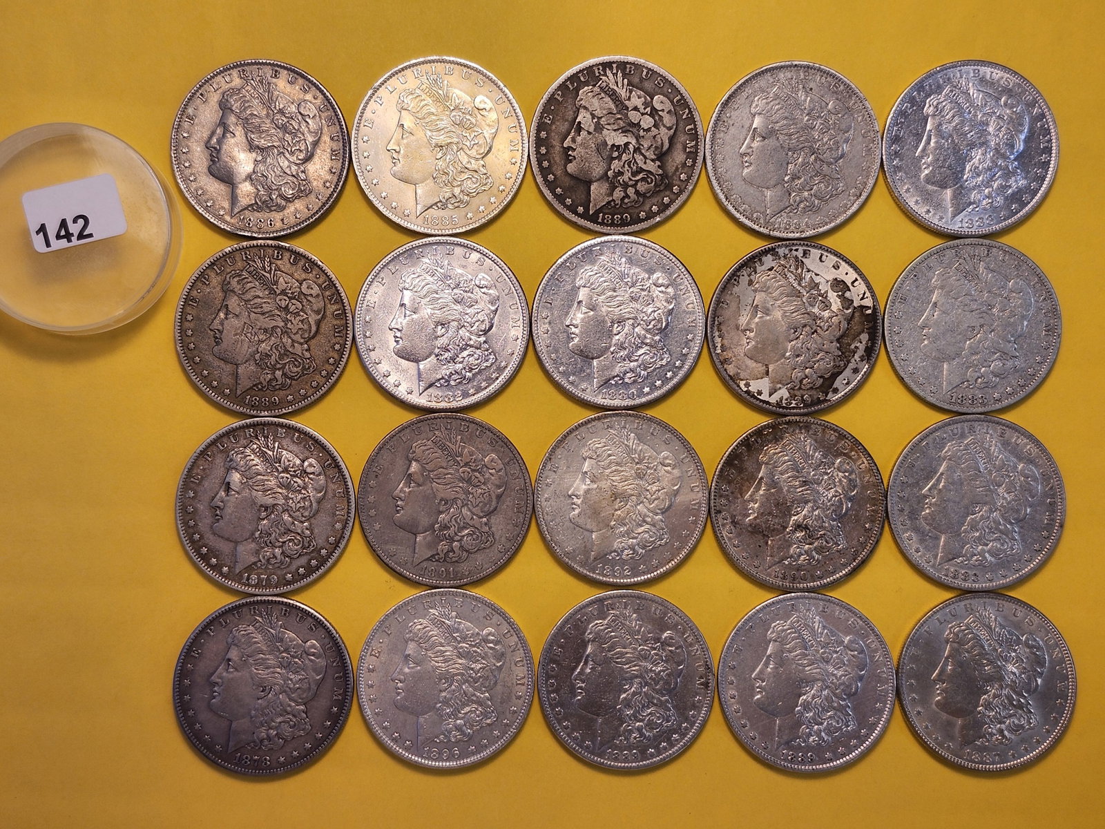 **FULL ROLL** Twenty Morgan Silver Dollars: All pre-1904. Grades from Fine through Brilliant About Uncirculated