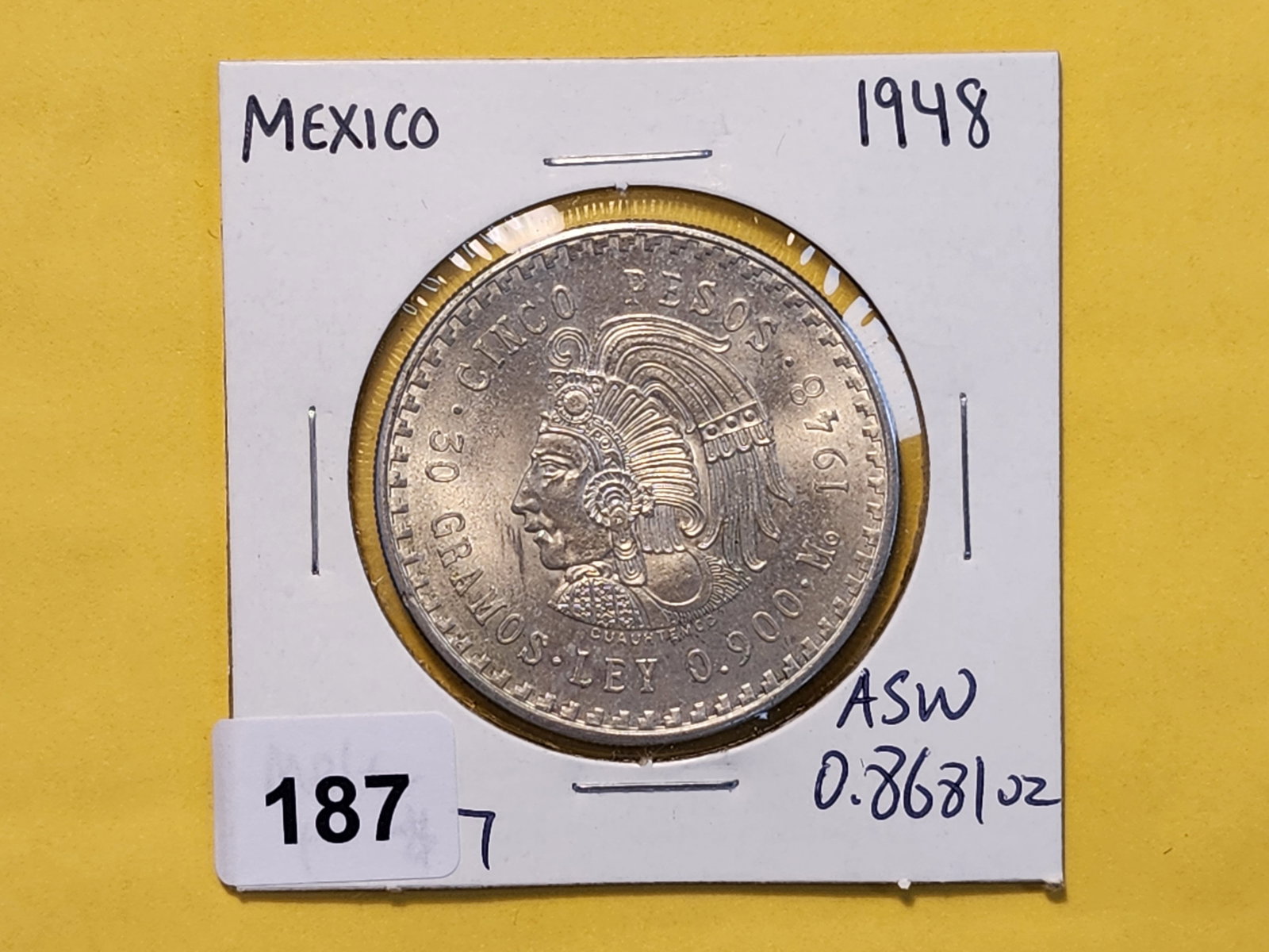 Brilliant About Uncirculated 1948 Mexico Silver Five Pesos - 2