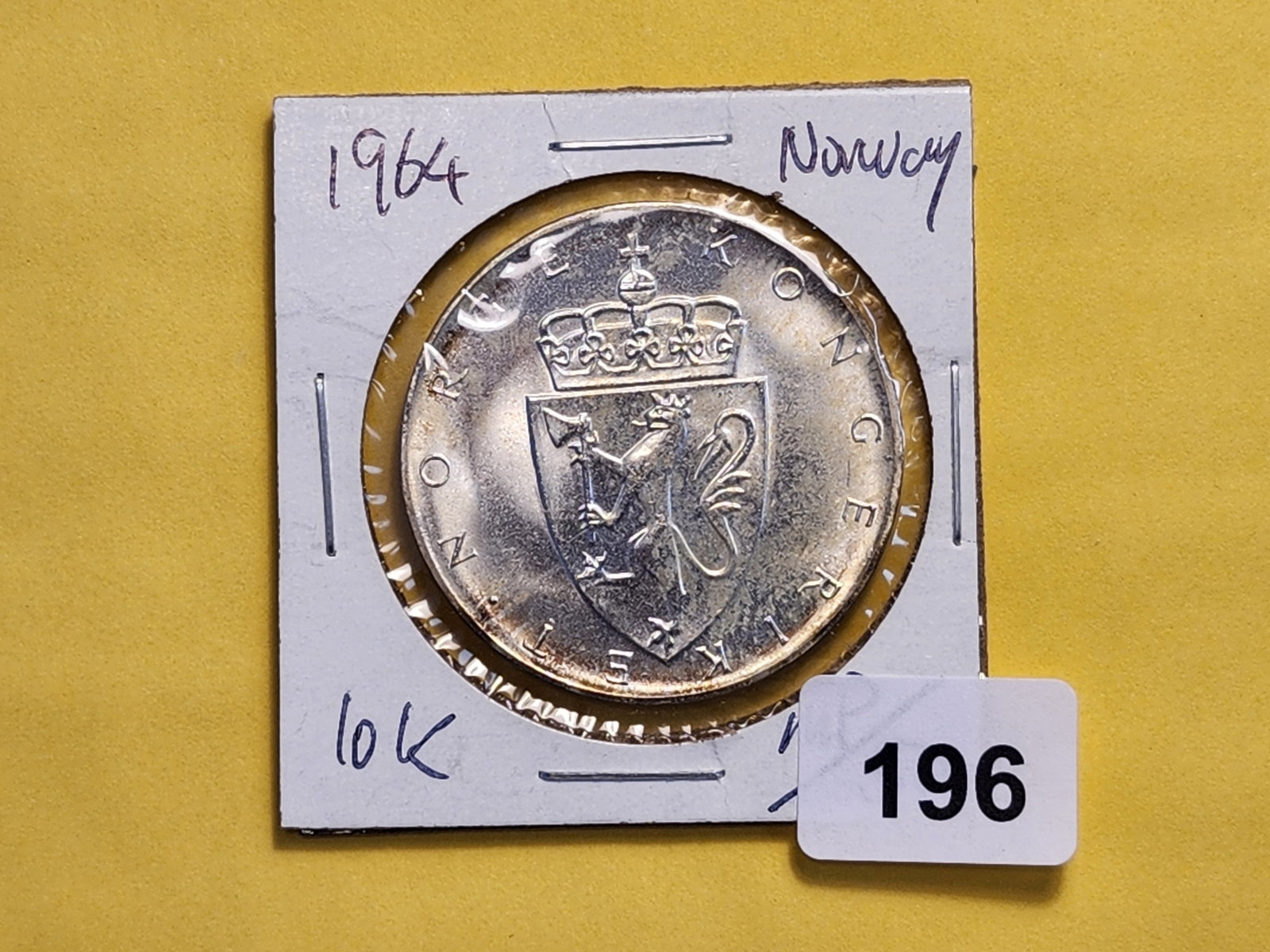 1964 Norway Silver Ten Kroner in About Uncirculated - 2