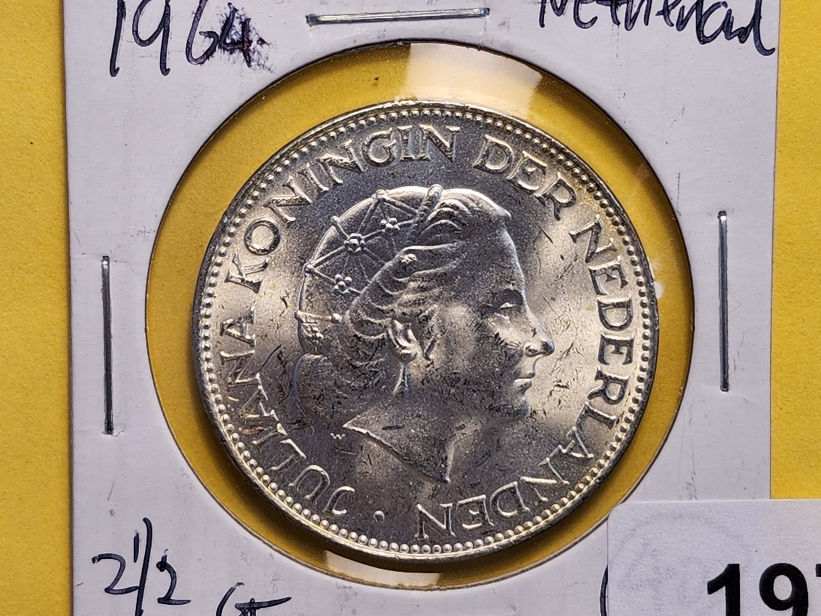 Brilliant AU 1964 Netherland Silver Two and One-Half Gulden: KM# 185