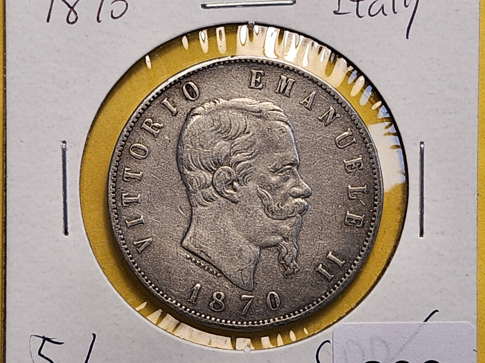 1870 Italy Silver Five Lire in Extra Fine: KM# 8.4