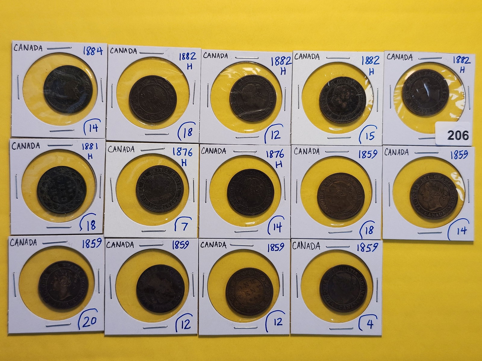 Fourteen Canadian Pennies: Mixed dates and grades