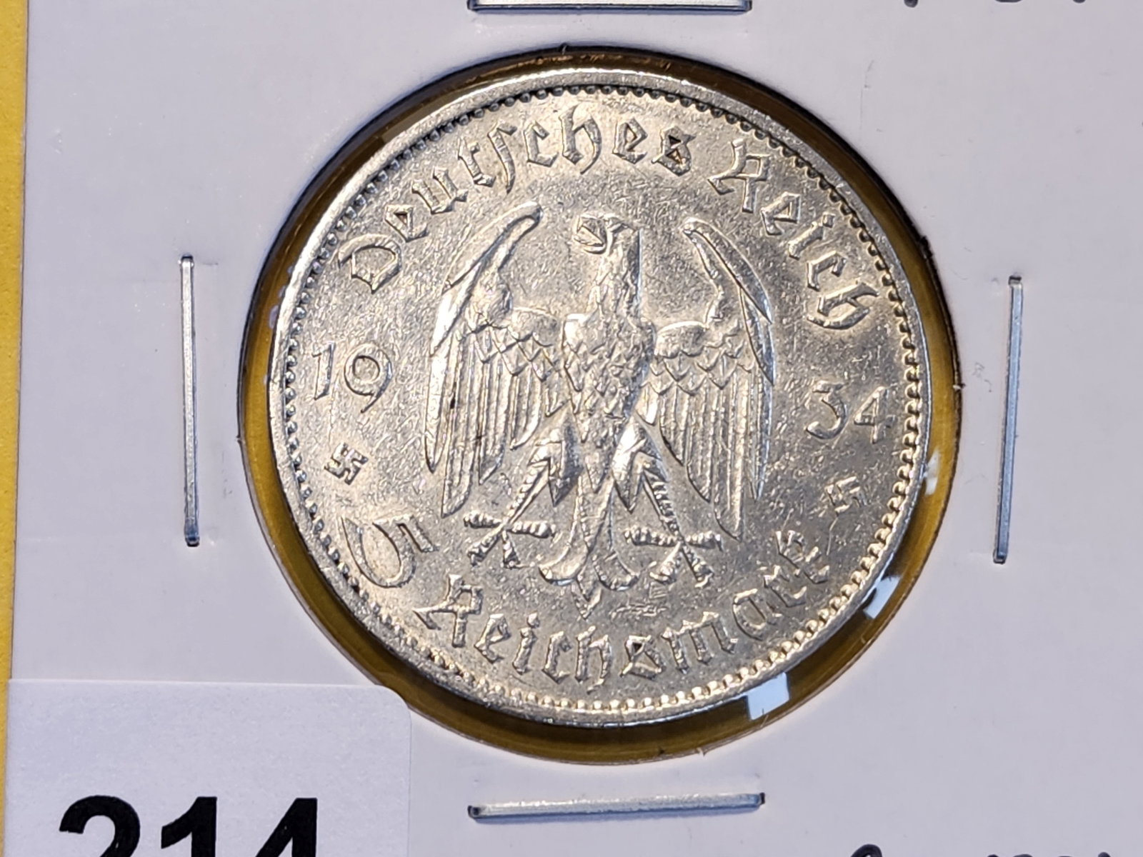 1934 German Silver Five Reichsmark in About Uncirculated: KM# 83