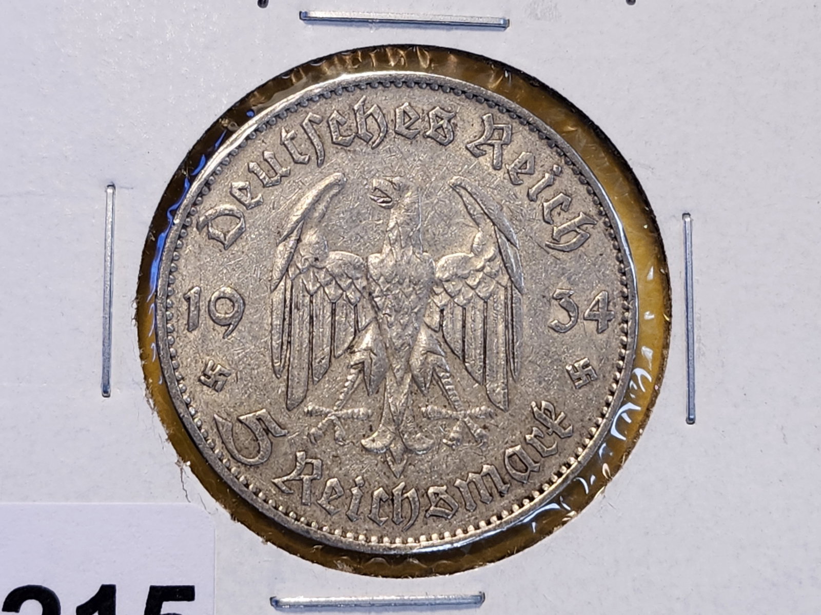 1934 German Silver Five Reichsmark in Extra Fine: KM# 83