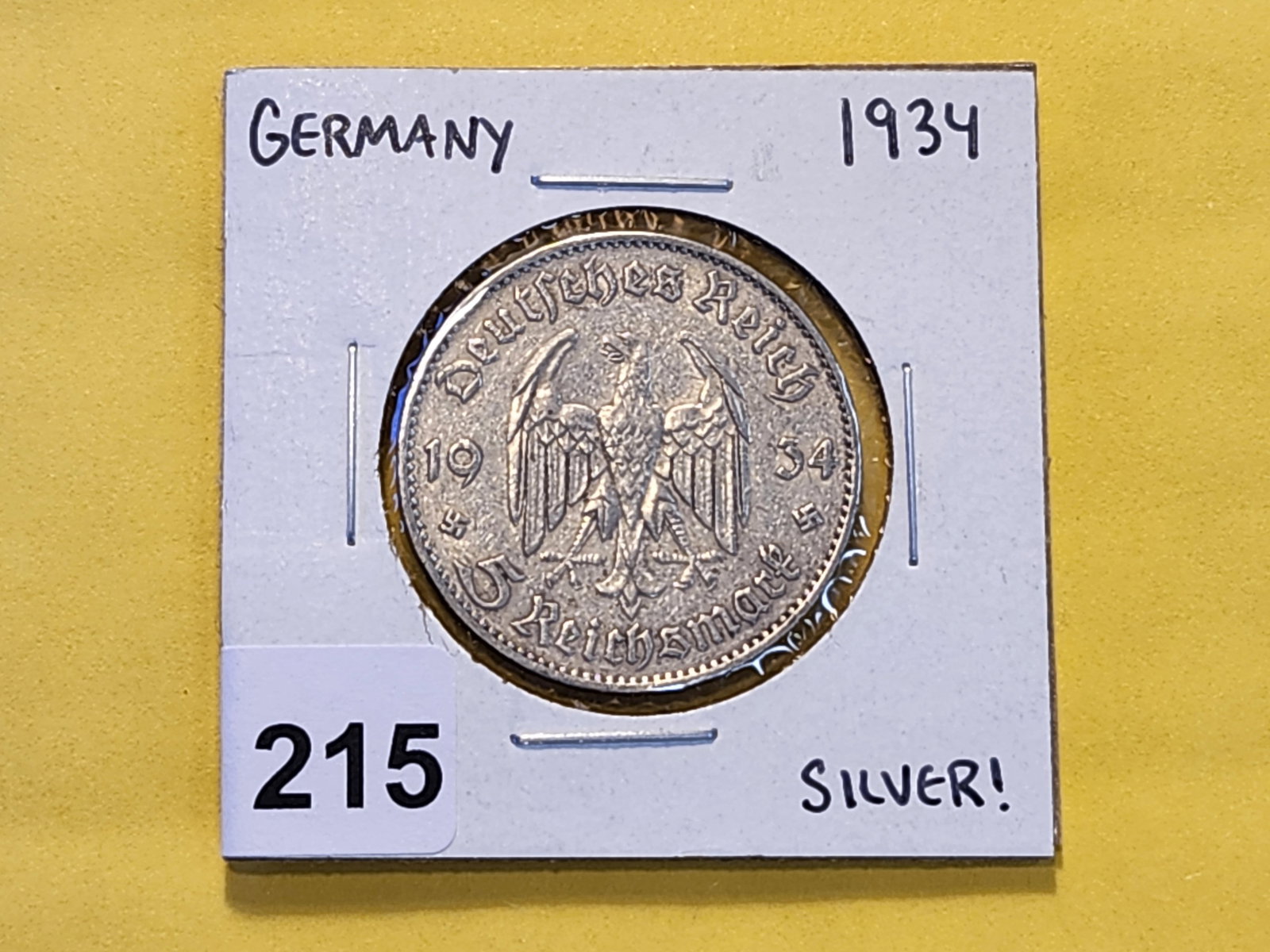 1934 German Silver Five Reichsmark in Extra Fine - 2
